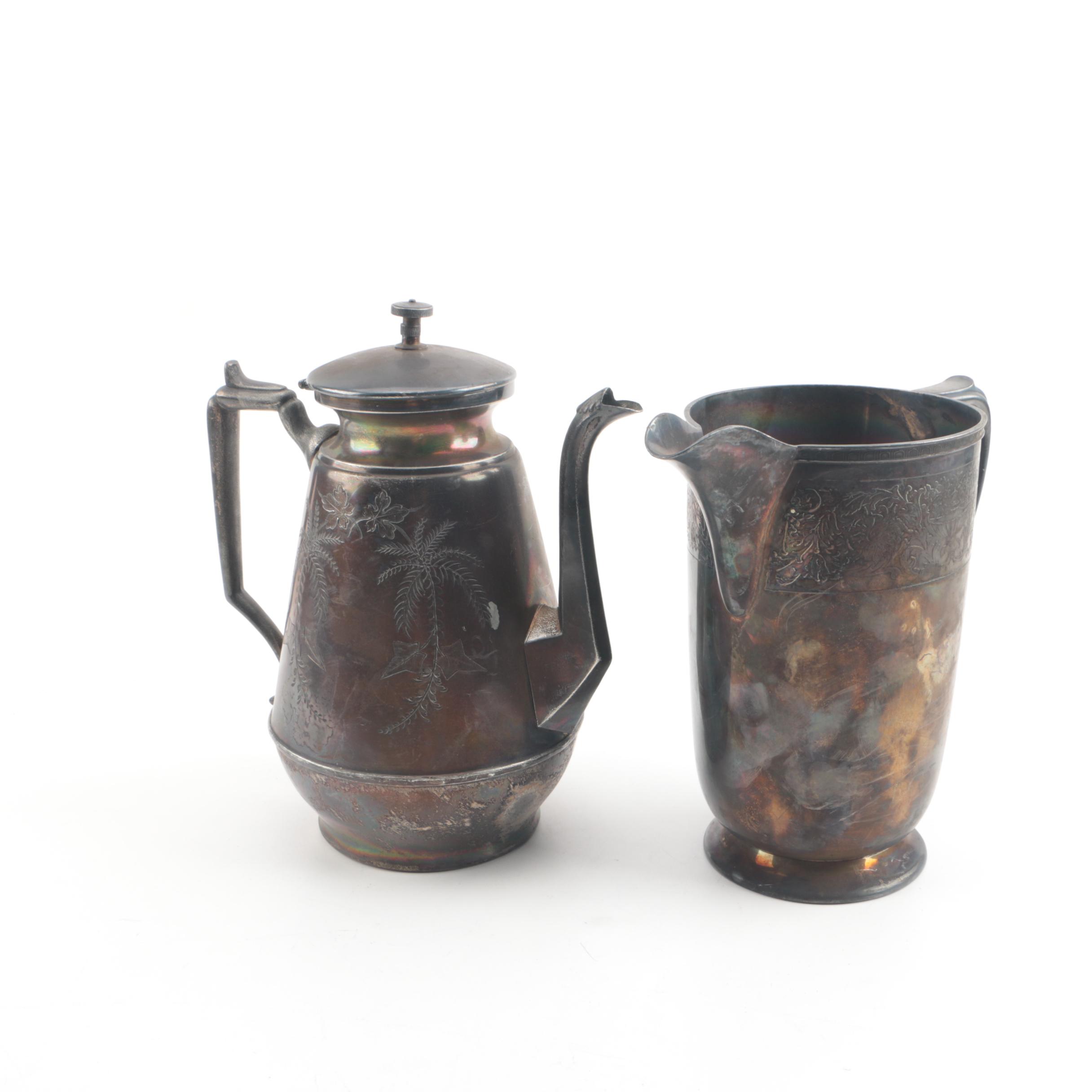 Vintage Mulholland Silver Plate Pitcher with Meriden Silver Plate Coffee Pot