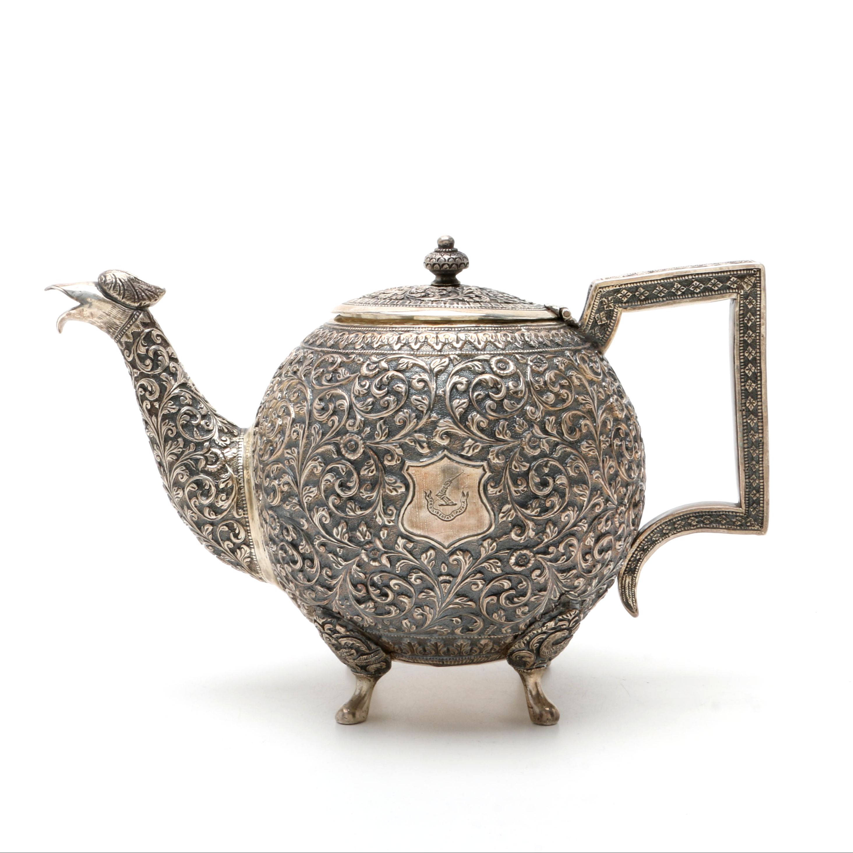 Antique Anglo-Indian Kutch Sterling Silver Repoussé Teapot