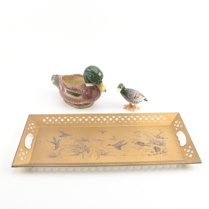 Vintage Duck Themed Tole Tray with Ceramic Figurine and Bowl