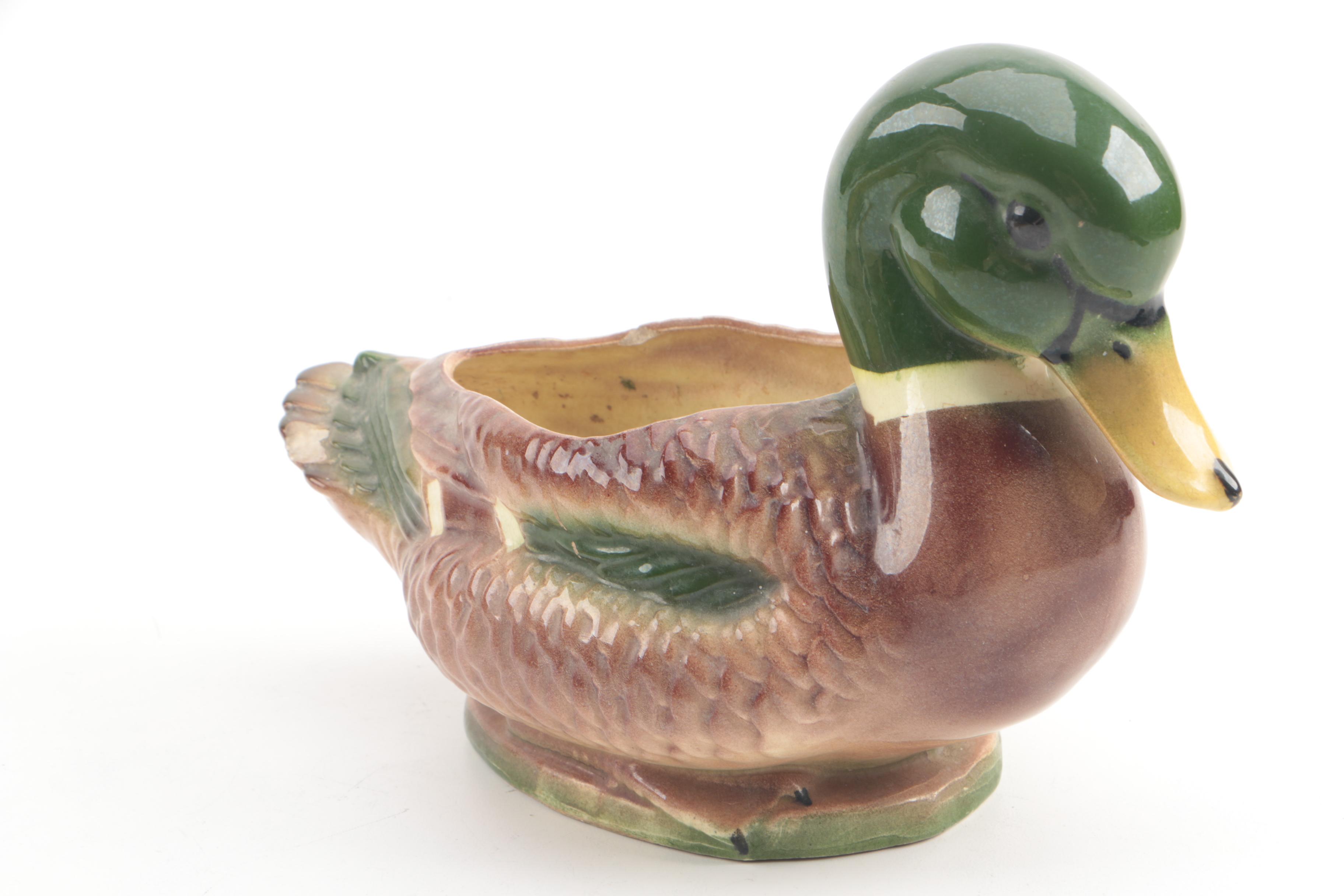 Vintage Duck Themed Tole Tray with Ceramic Figurine and Bowl