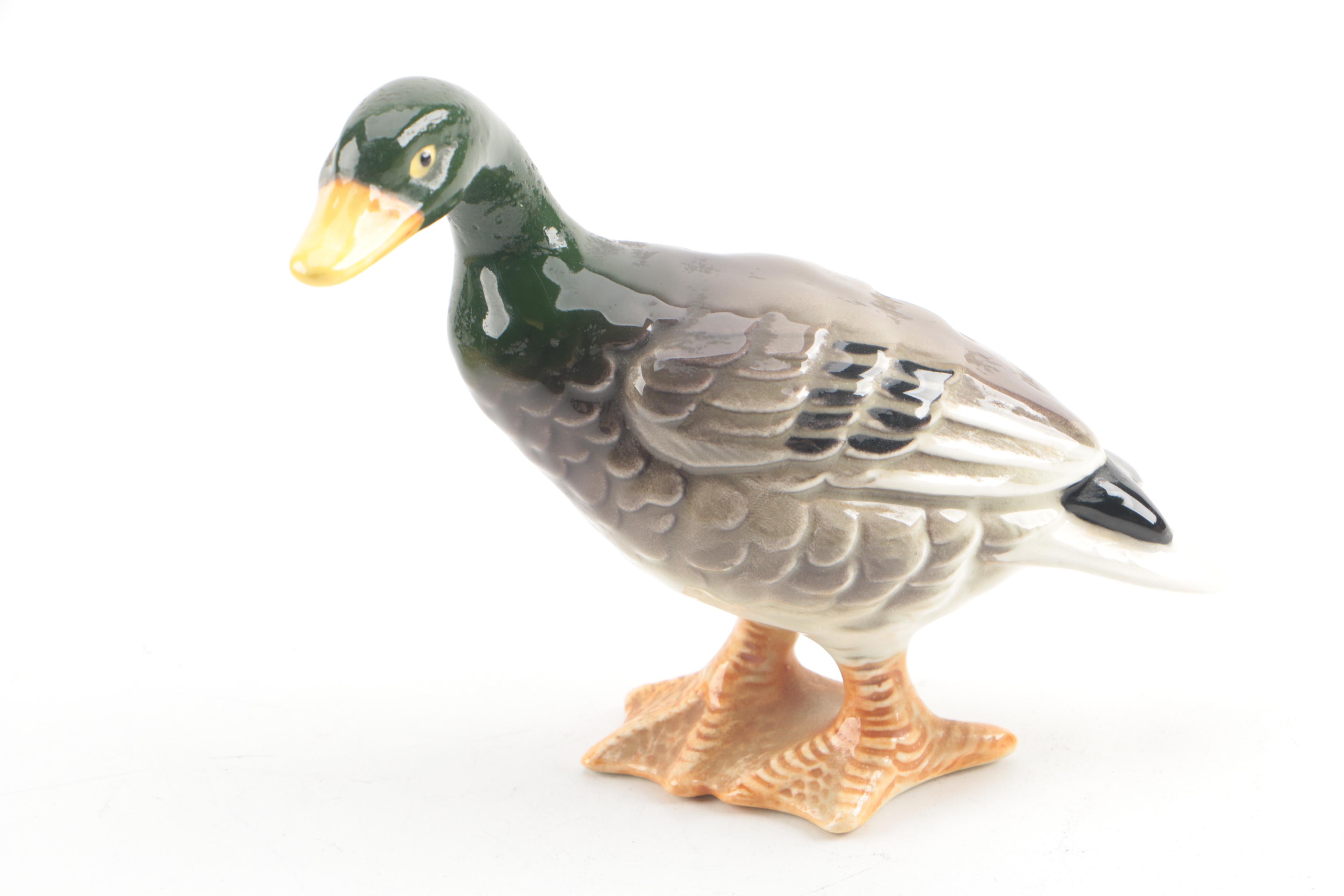 Vintage Duck Themed Tole Tray with Ceramic Figurine and Bowl