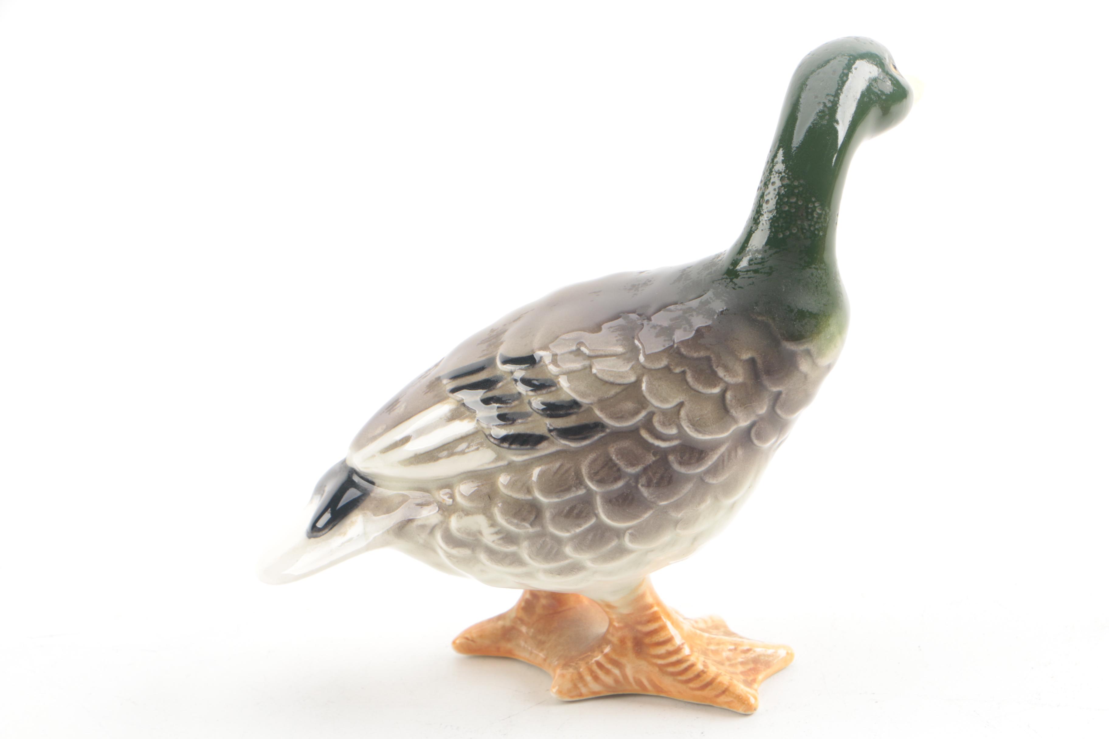 Vintage Duck Themed Tole Tray with Ceramic Figurine and Bowl