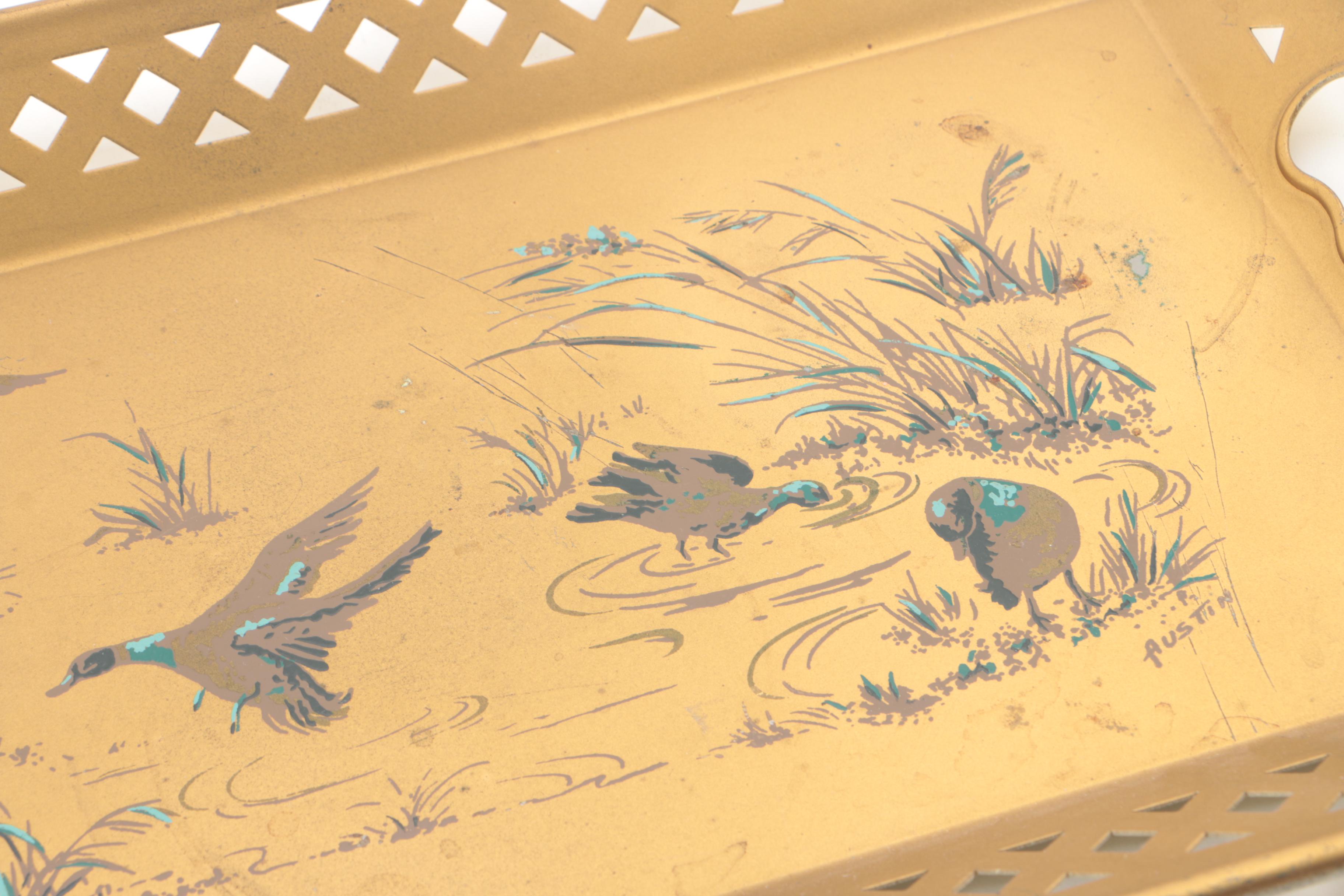 Vintage Duck Themed Tole Tray with Ceramic Figurine and Bowl