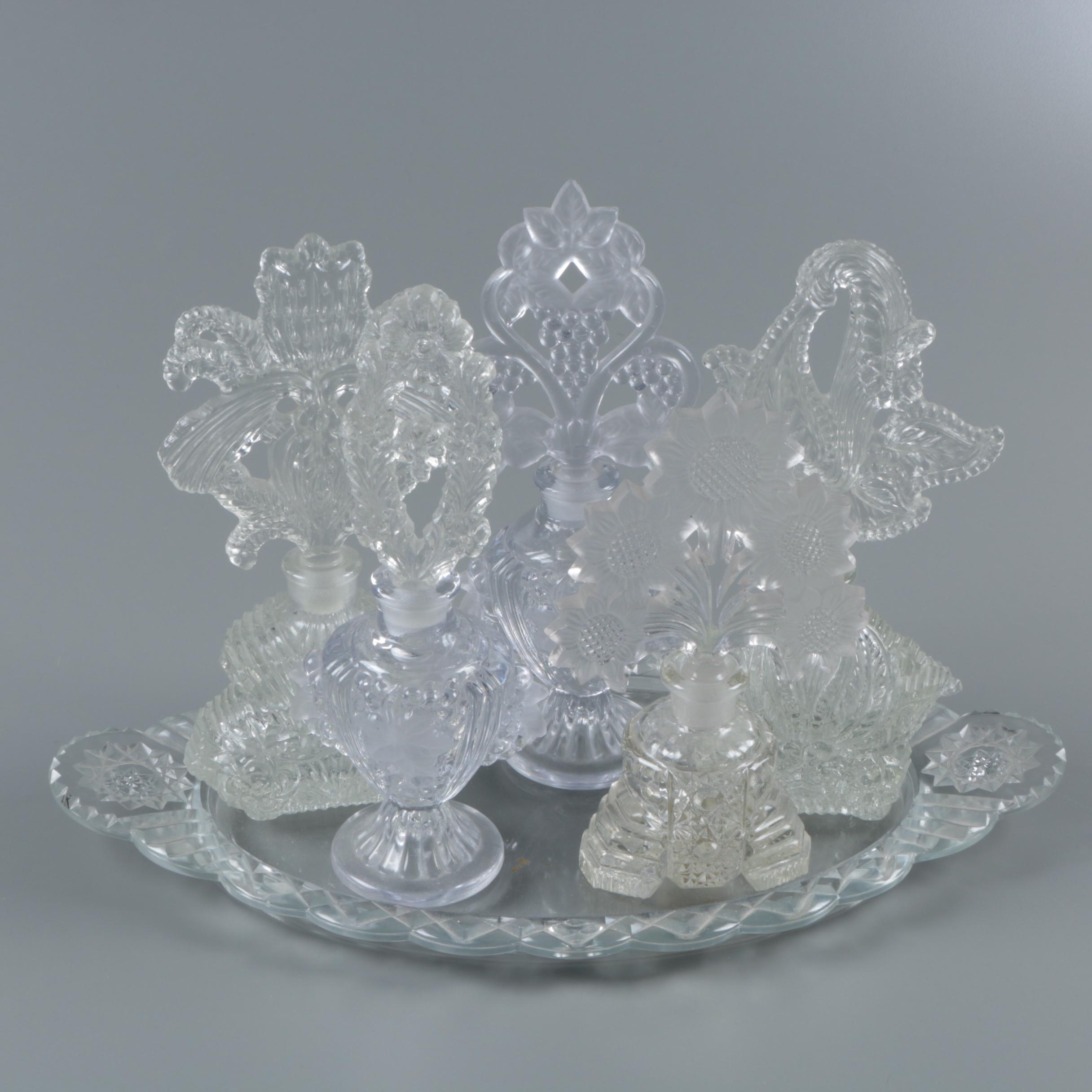 Czechoslovakian Style Glass Perfume Bottles with Vanity Tray