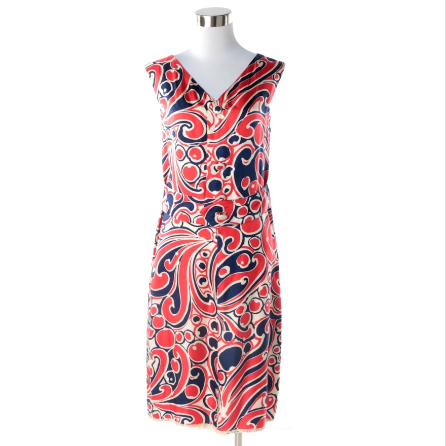 1970s Vogue Couturier Design Red, White and Blue Silk Abstract Print Dress