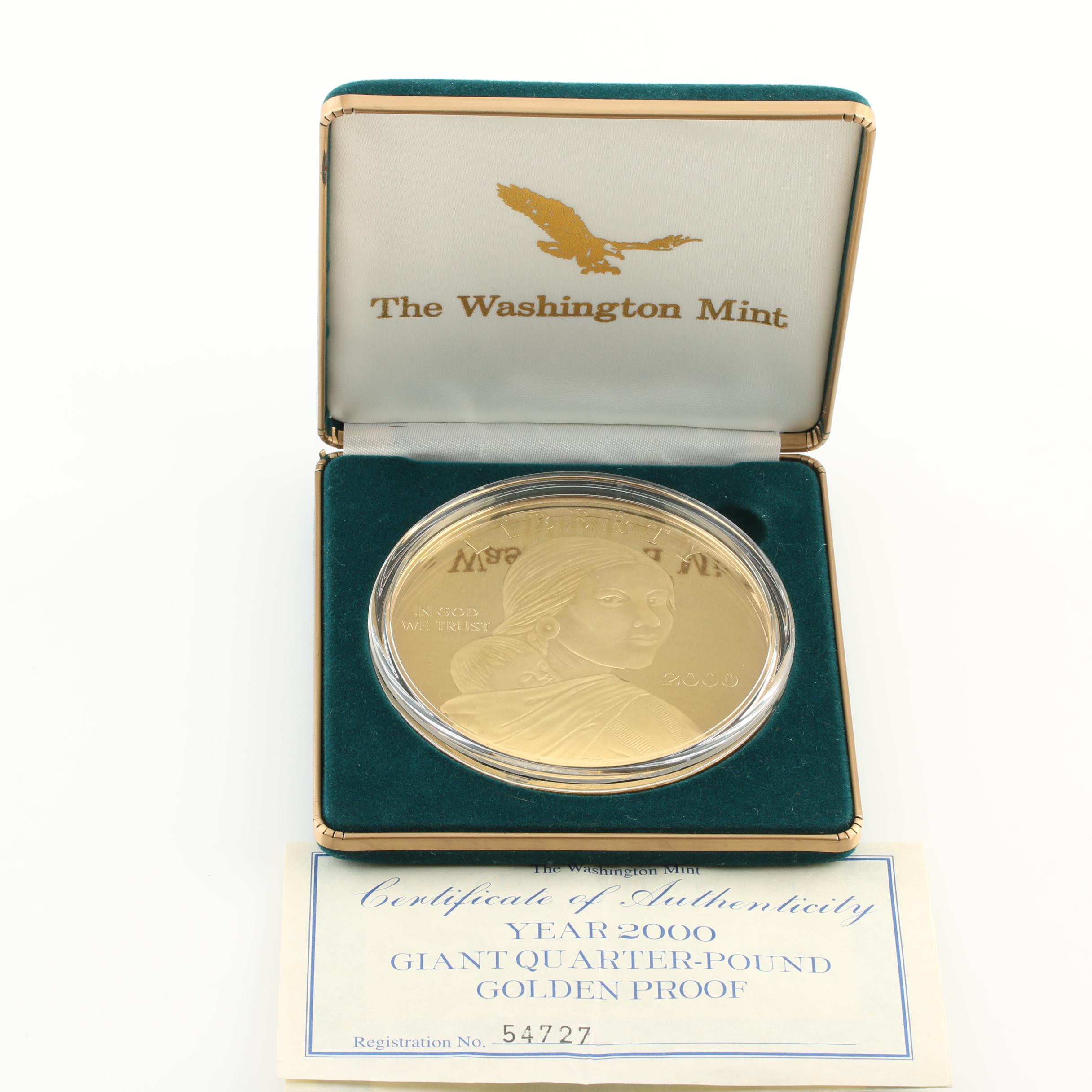 Large 2000 Sacagawea Quarter Pound Golden Proof Coin