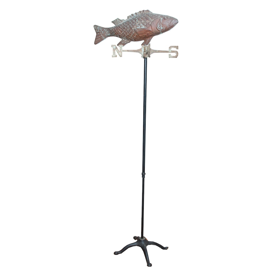 Large Vintage Copper and Brass Fish Weathervane on Stand