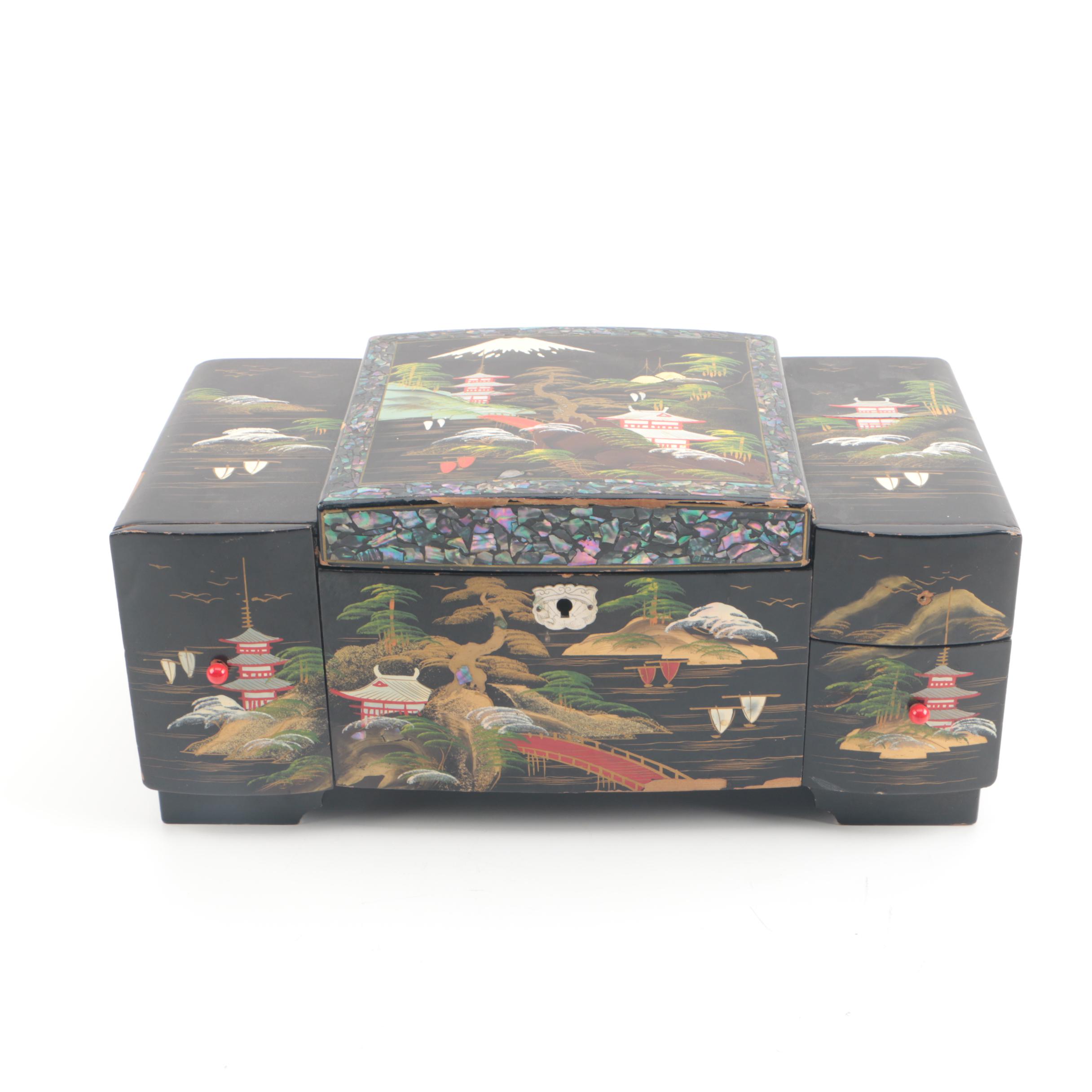 Japanese Musical Jewelry Chest with Abalone Inlay