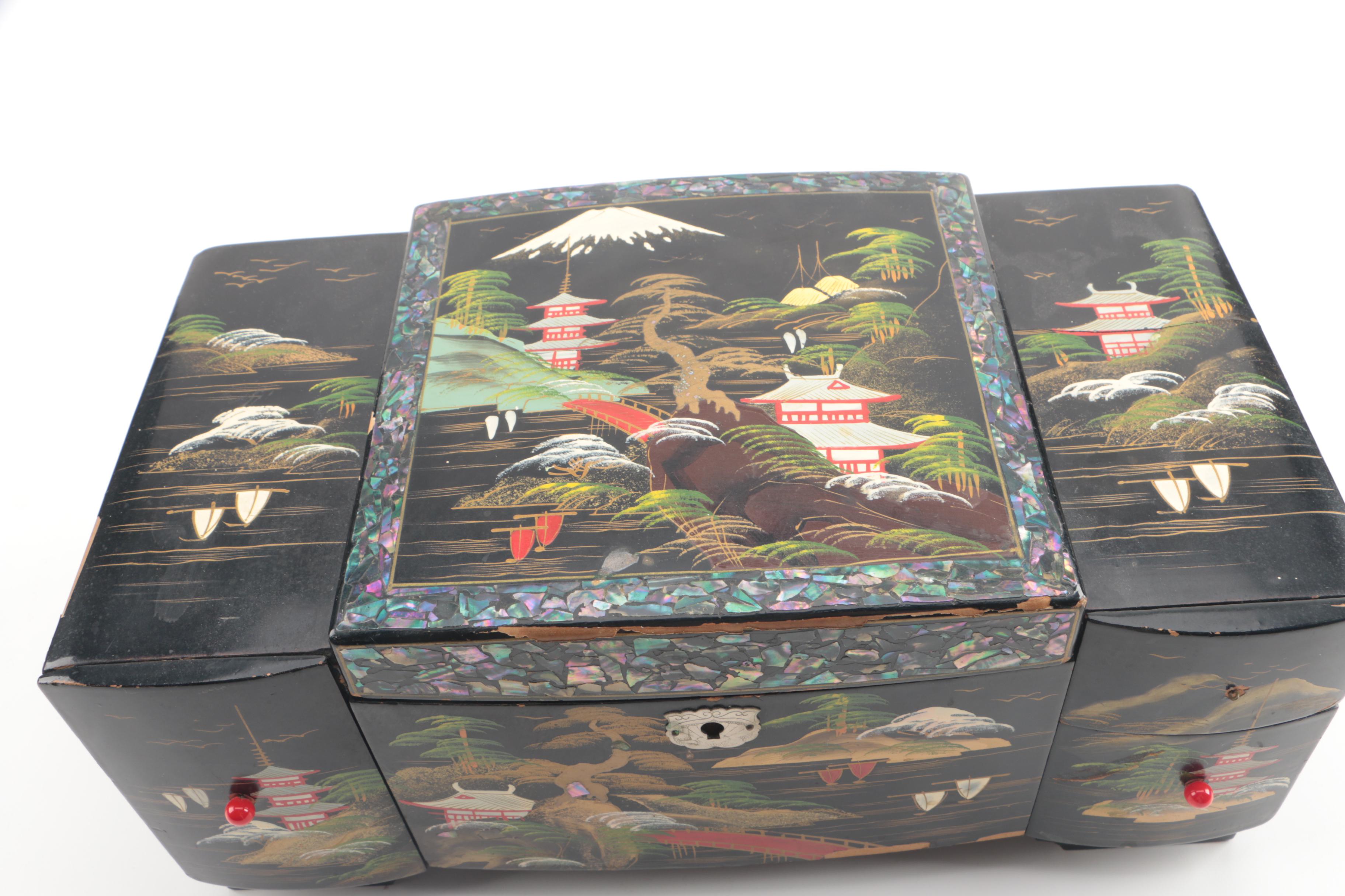 Japanese Musical Jewelry Chest with Abalone Inlay