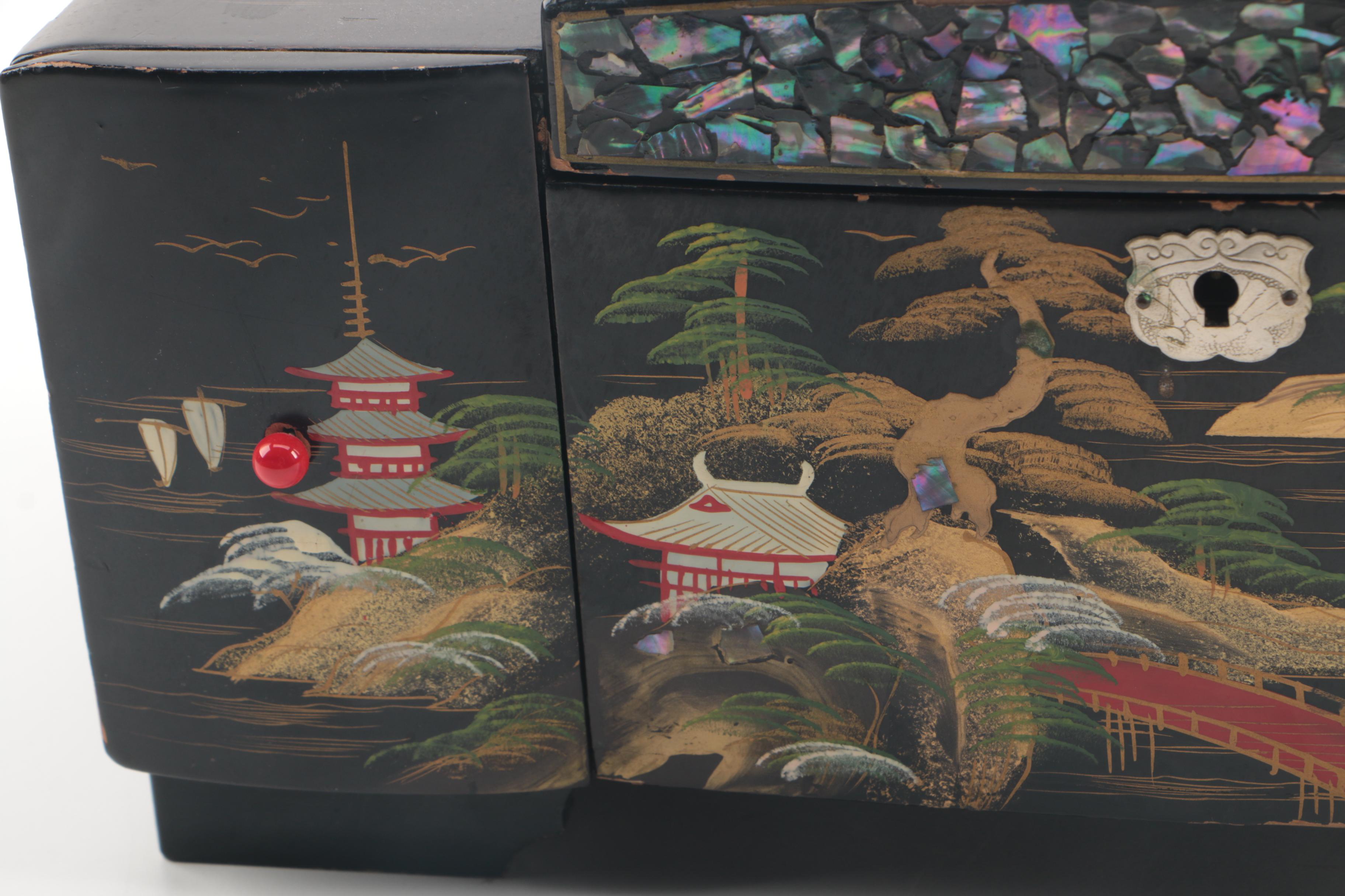 Japanese Musical Jewelry Chest with Abalone Inlay