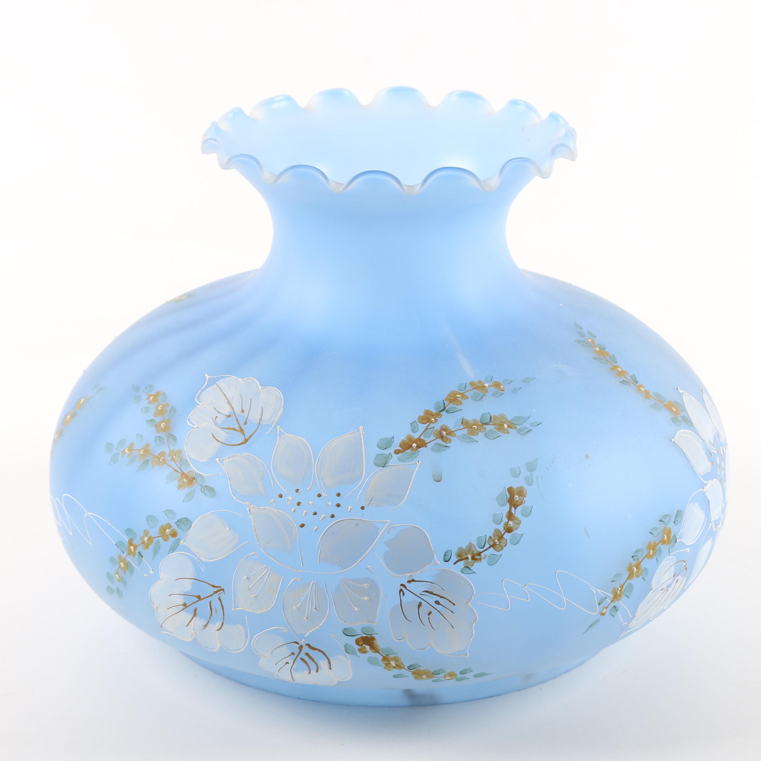 Large Frosted Blue and Painted Hurricane Glass Shade