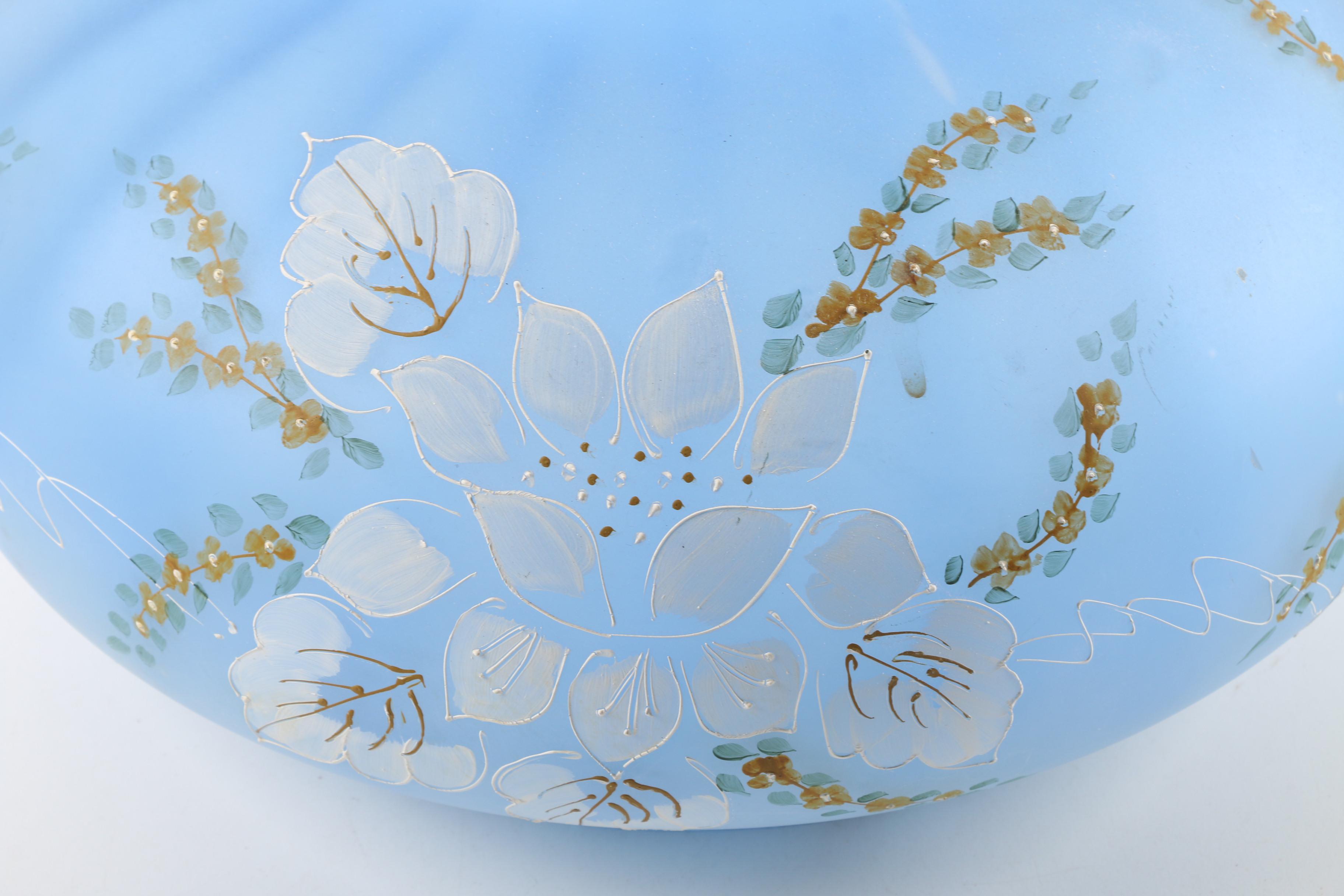 Large Frosted Blue and Painted Hurricane Glass Shade