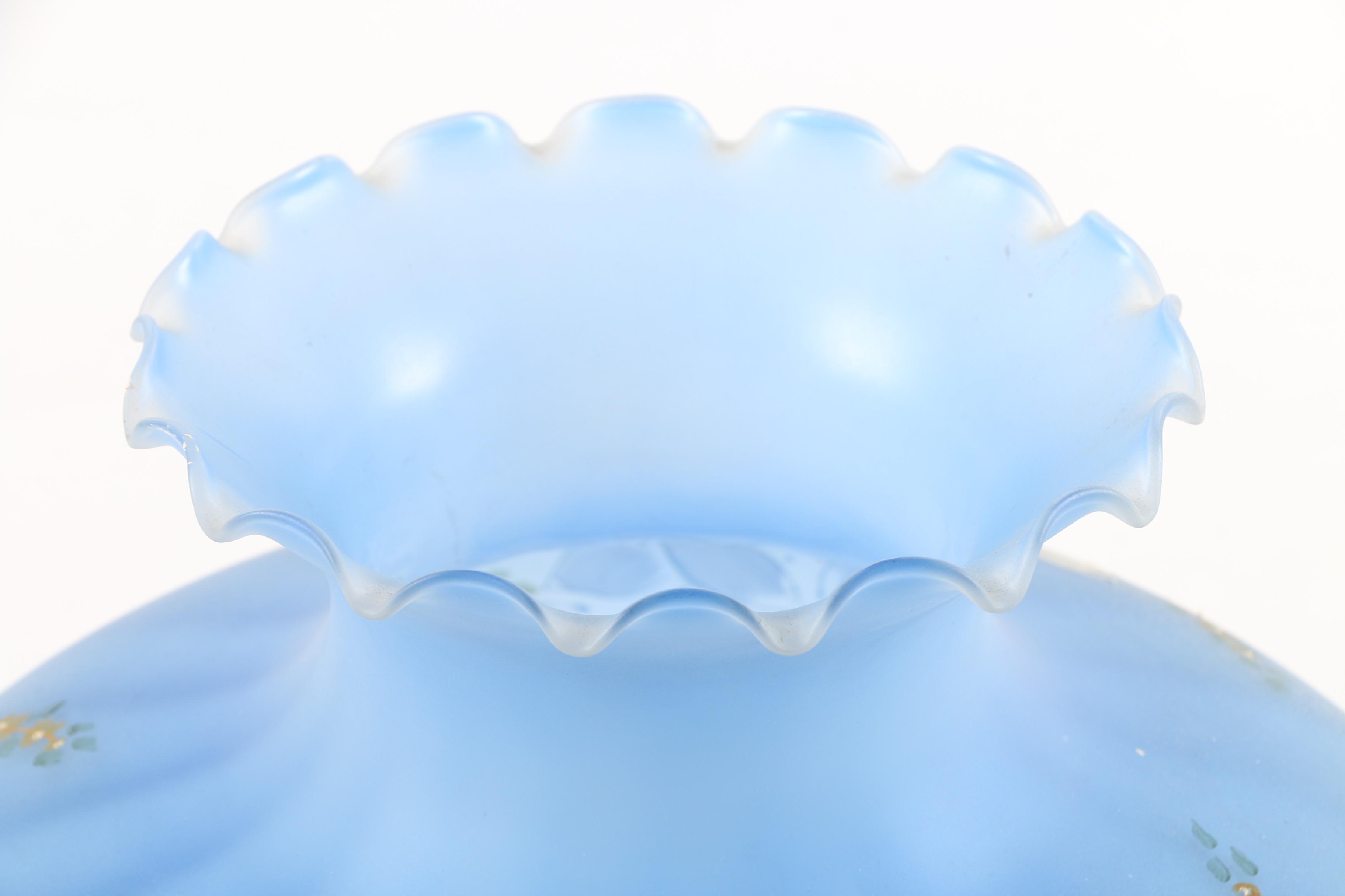 Large Frosted Blue and Painted Hurricane Glass Shade