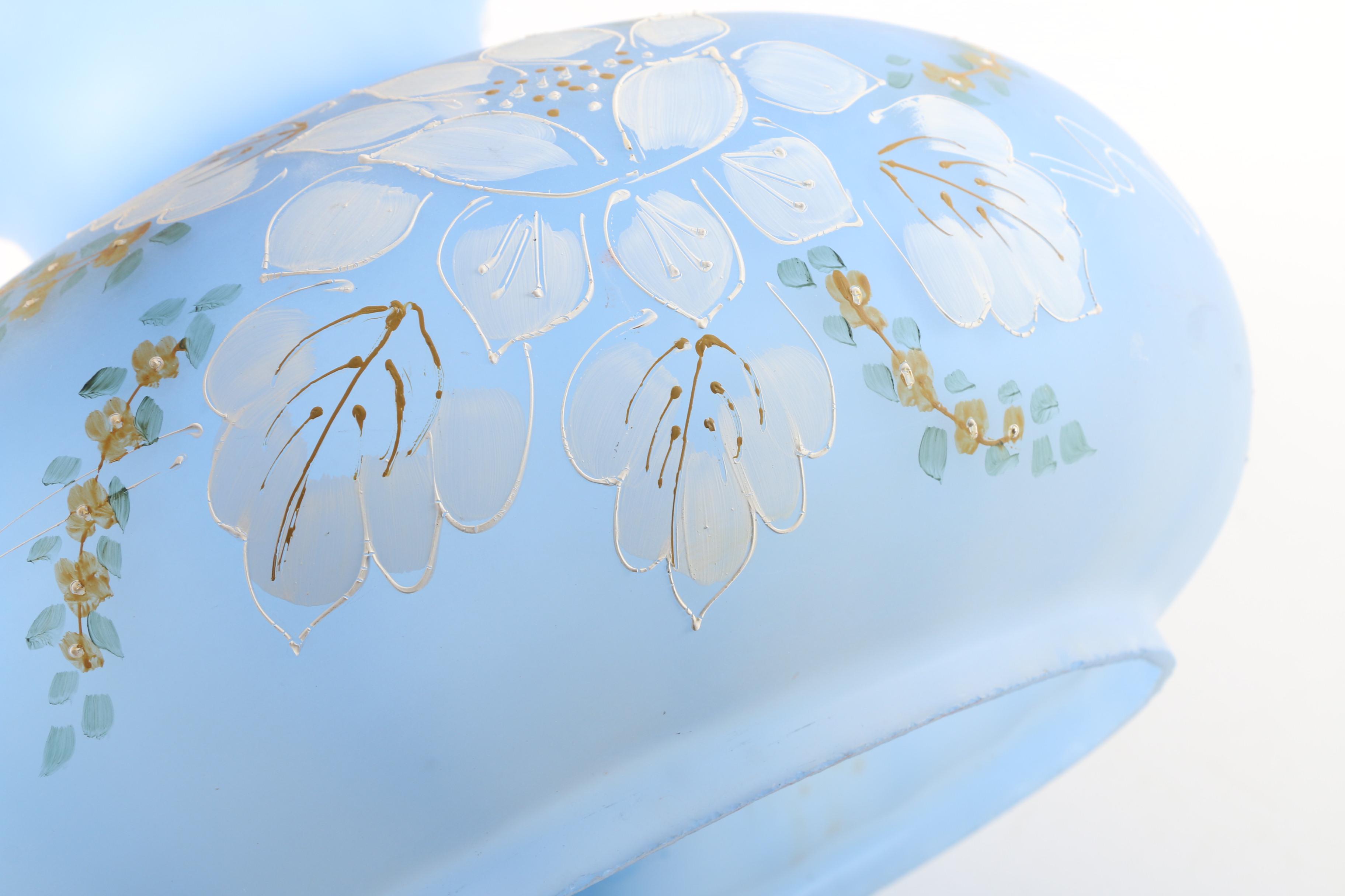 Large Frosted Blue and Painted Hurricane Glass Shade