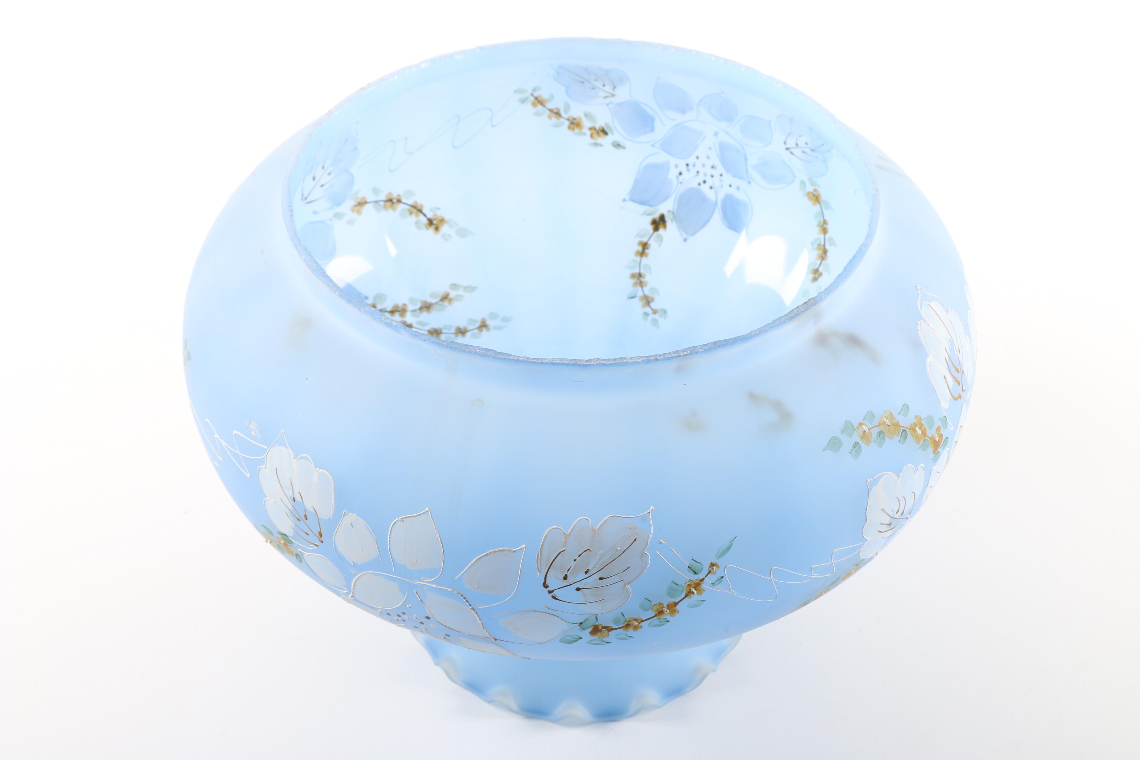 Large Frosted Blue and Painted Hurricane Glass Shade