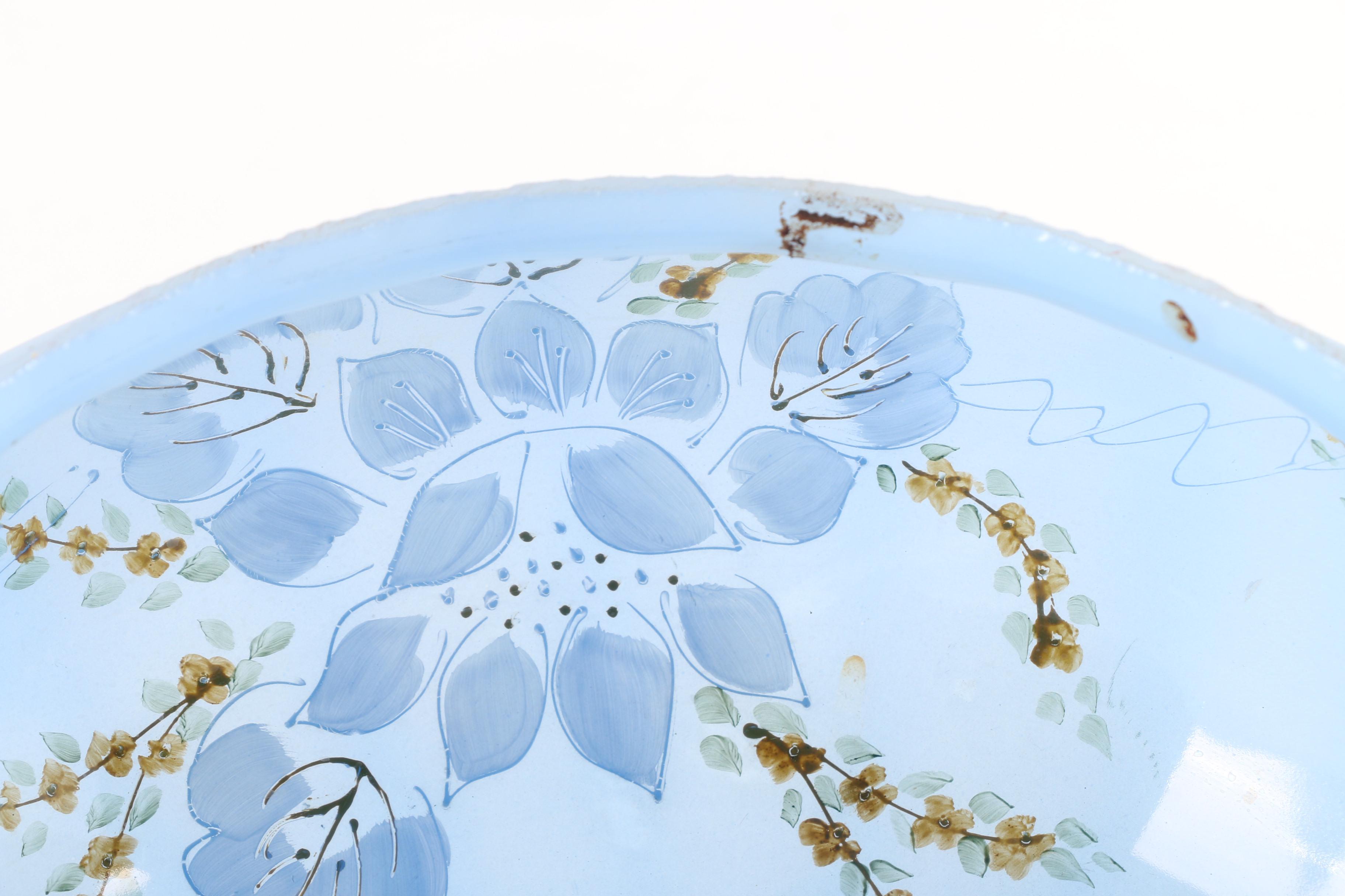 Large Frosted Blue and Painted Hurricane Glass Shade