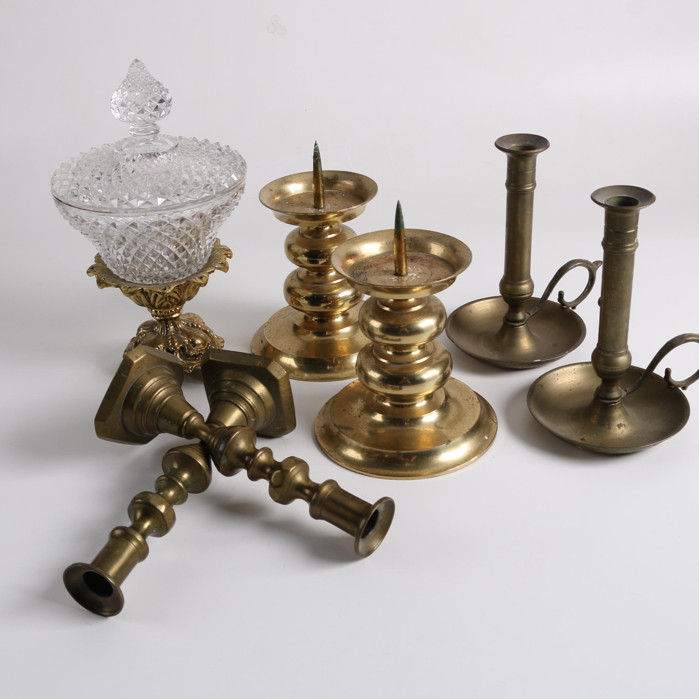 Vintage Brass Candleholders and Pressed Glass Candy Dish