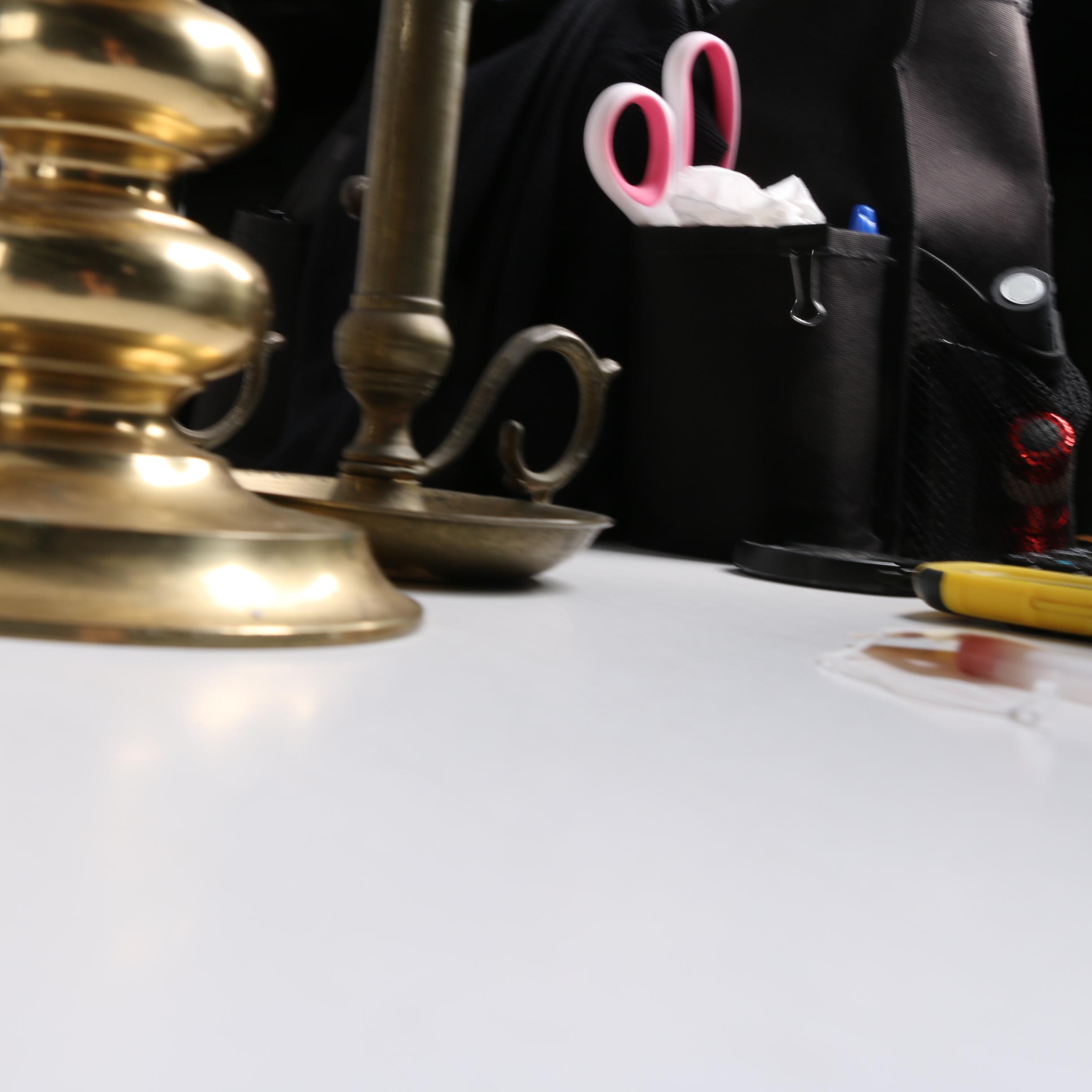 Vintage Brass Candleholders and Pressed Glass Candy Dish