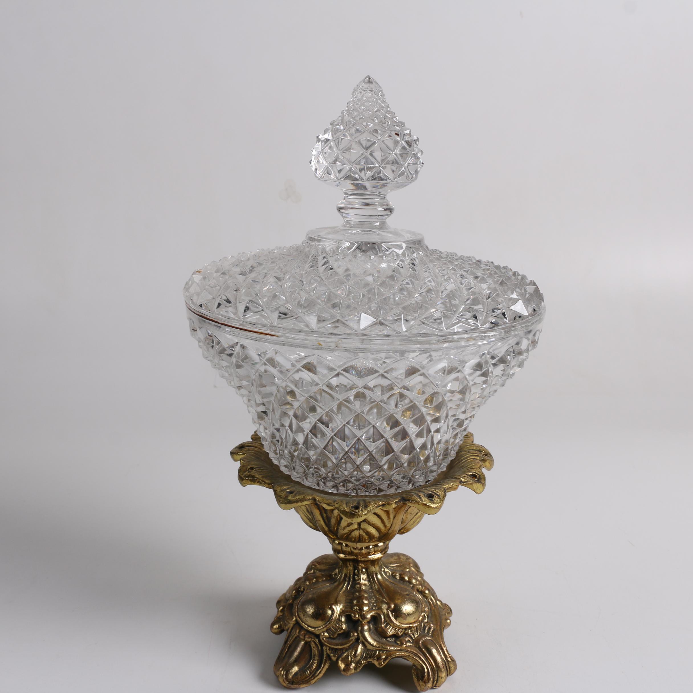 Vintage Brass Candleholders and Pressed Glass Candy Dish