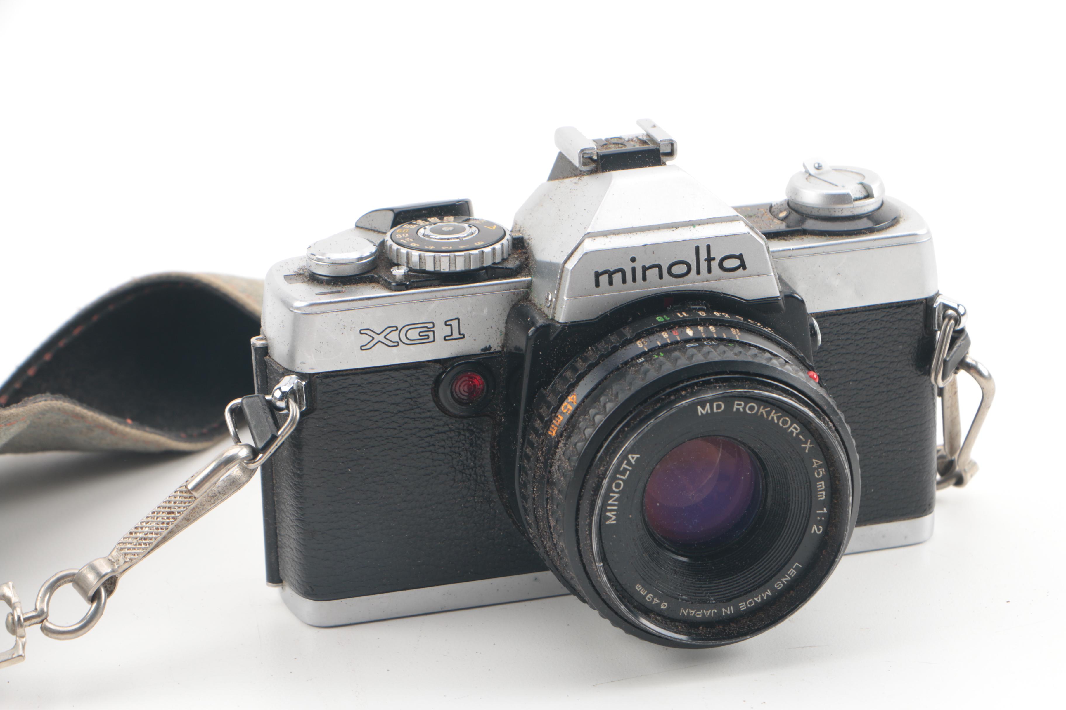 Vintage Minolta XG 1 35mm SLR Camera with Flash and Lens