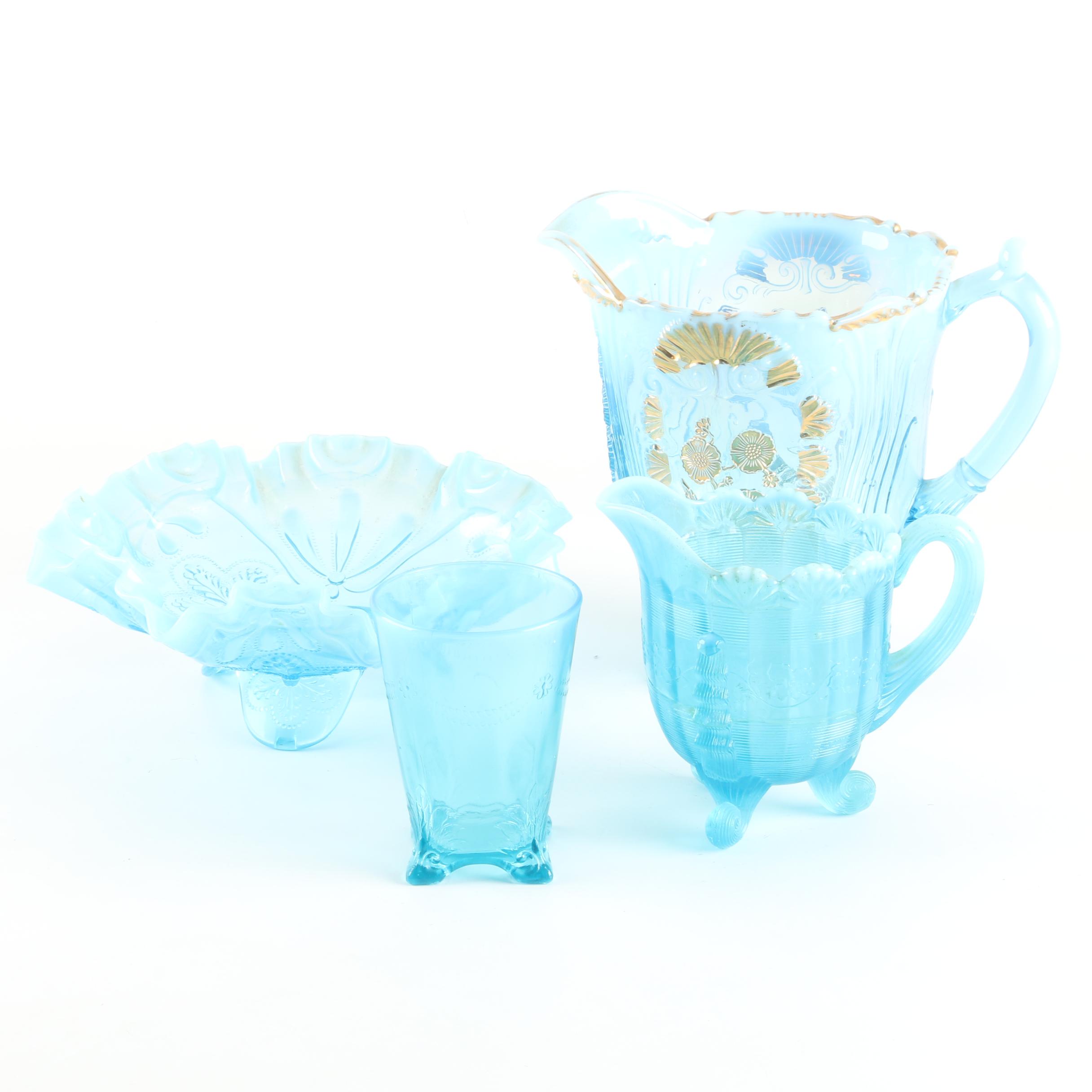 Early American Style Opalescent Blue Pressed Glass Serveware