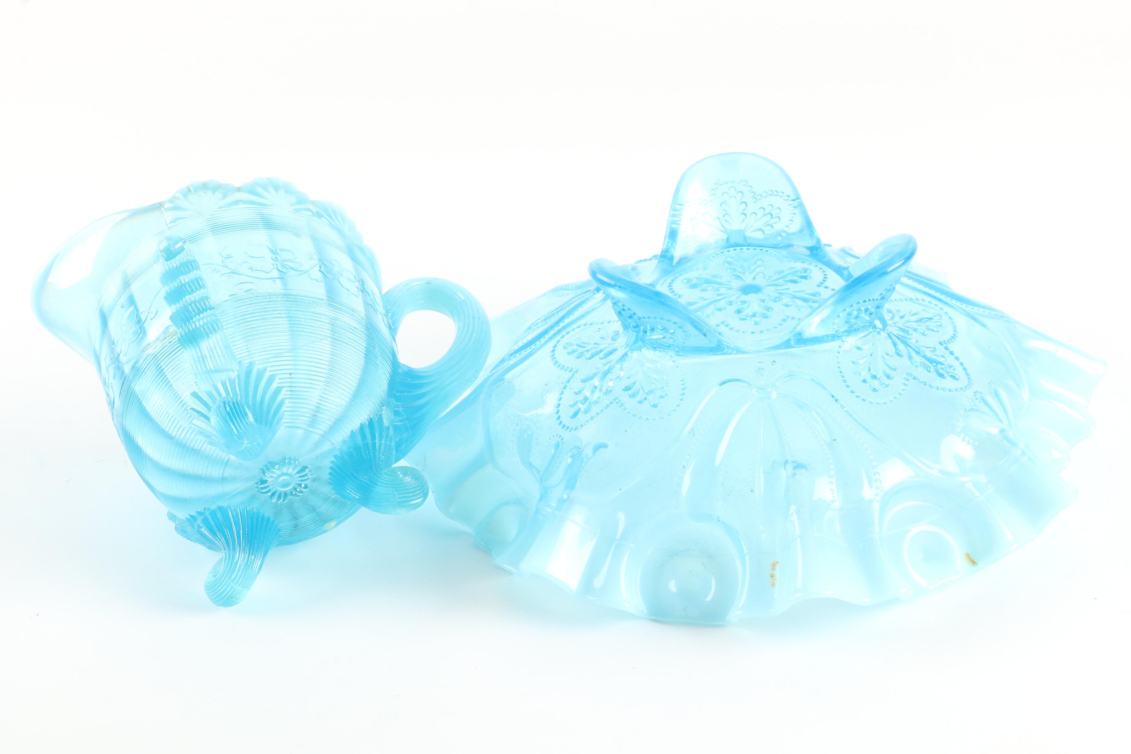 Early American Style Opalescent Blue Pressed Glass Serveware