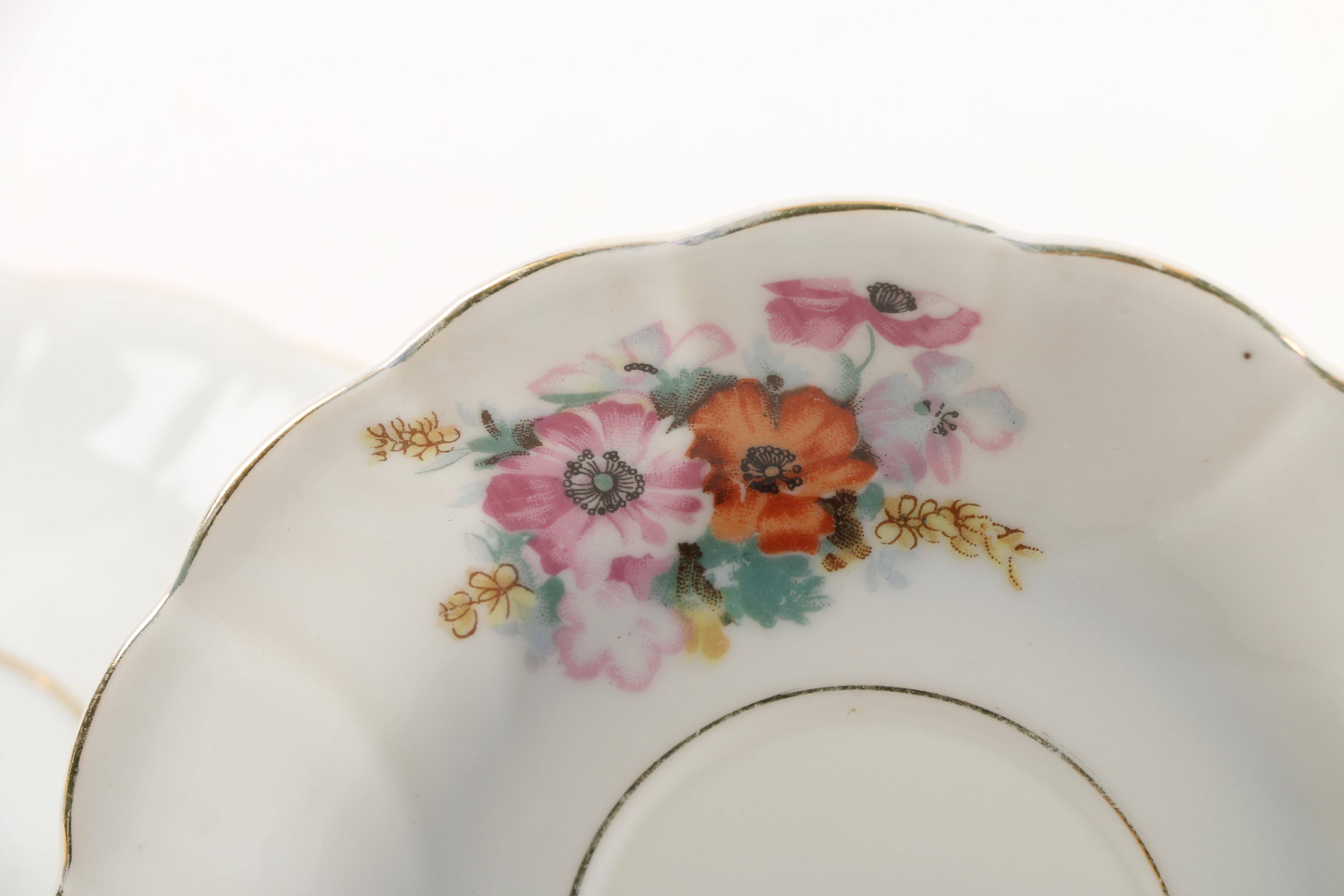 Vintage Japanese Floral Themed Porcelain Teacups and Saucers