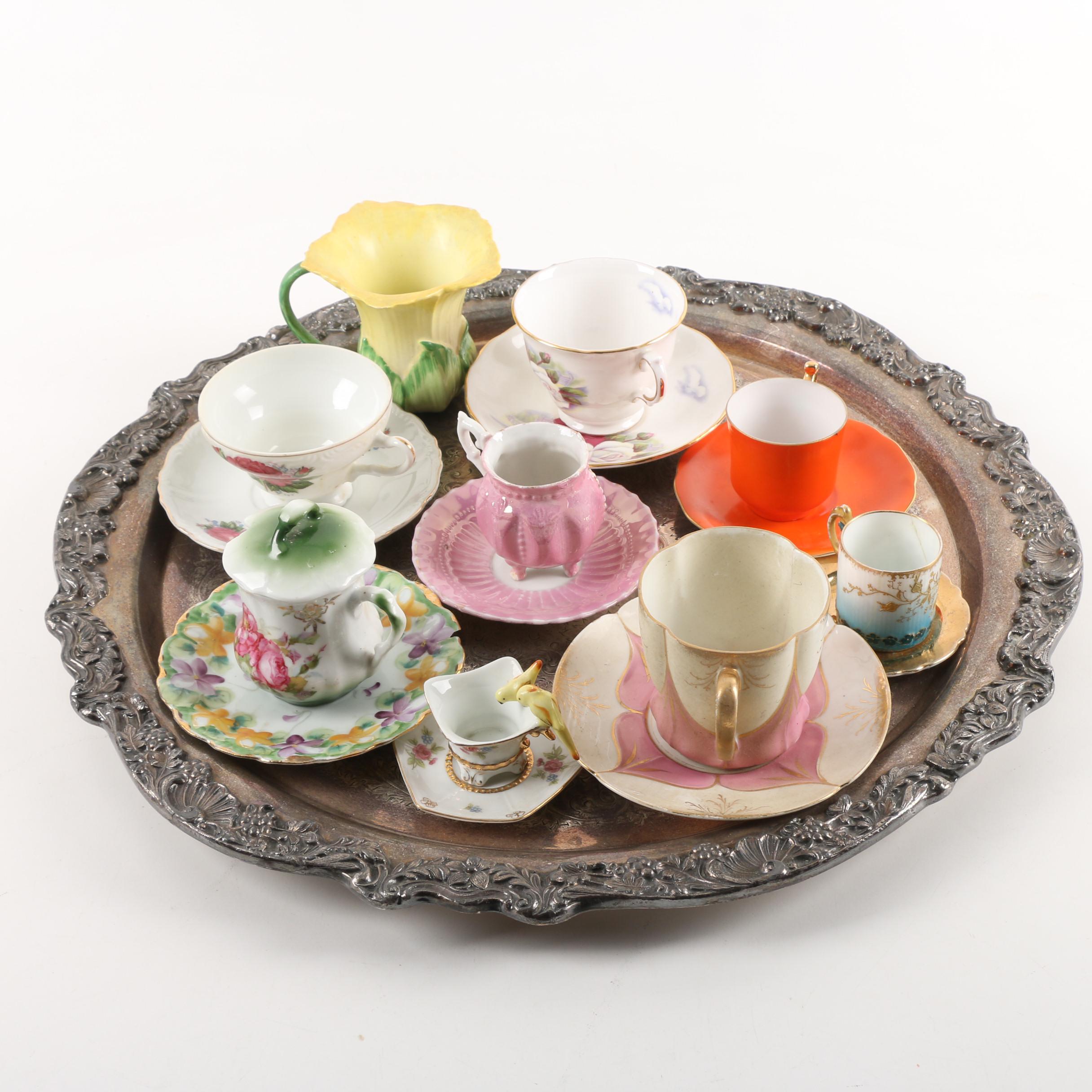 Vintage F.B. Rogers Silver Plate Serving Tray with Teacups and Saucers