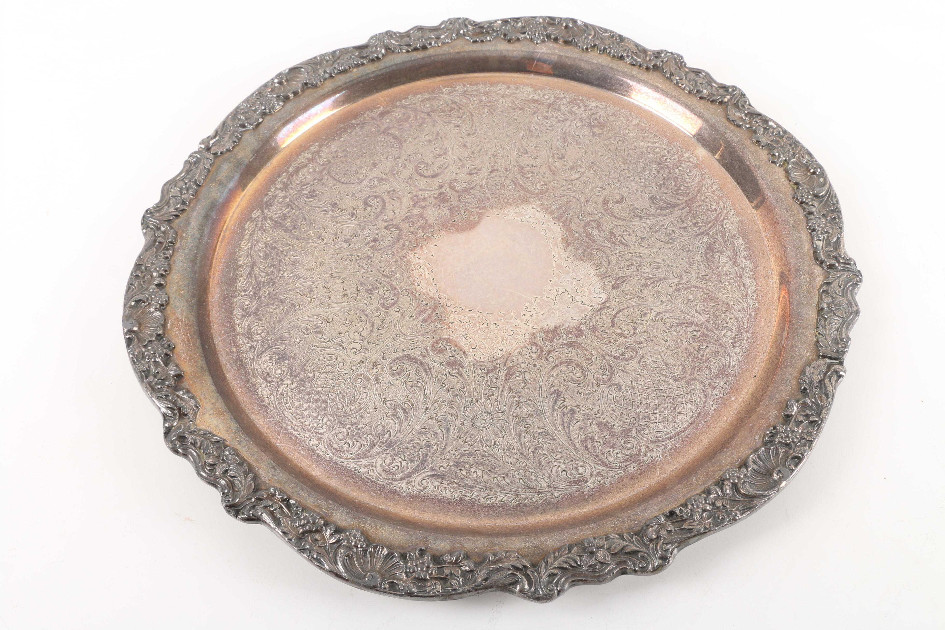 Vintage F.B. Rogers Silver Plate Serving Tray with Teacups and Saucers