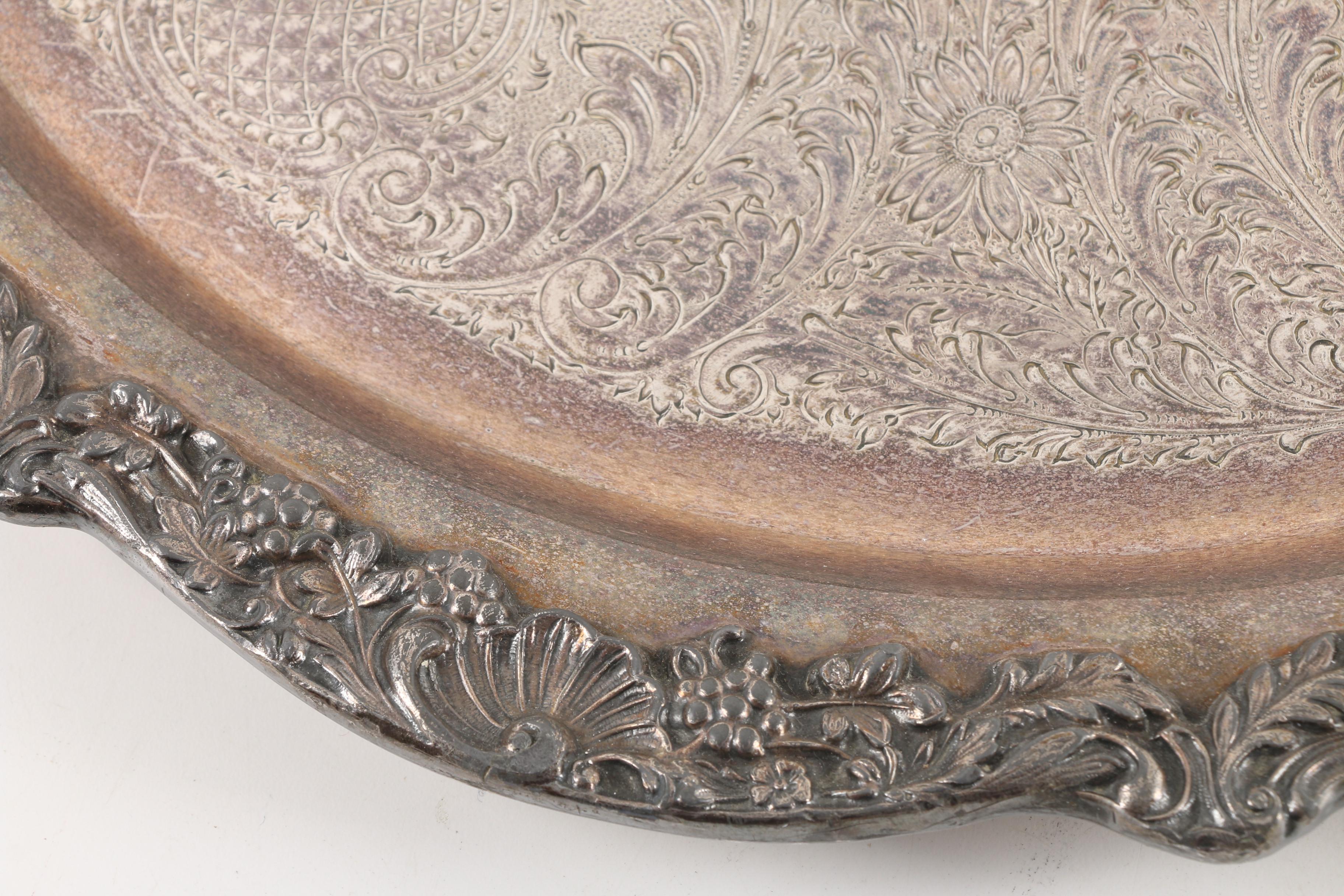 Vintage F.B. Rogers Silver Plate Serving Tray with Teacups and Saucers