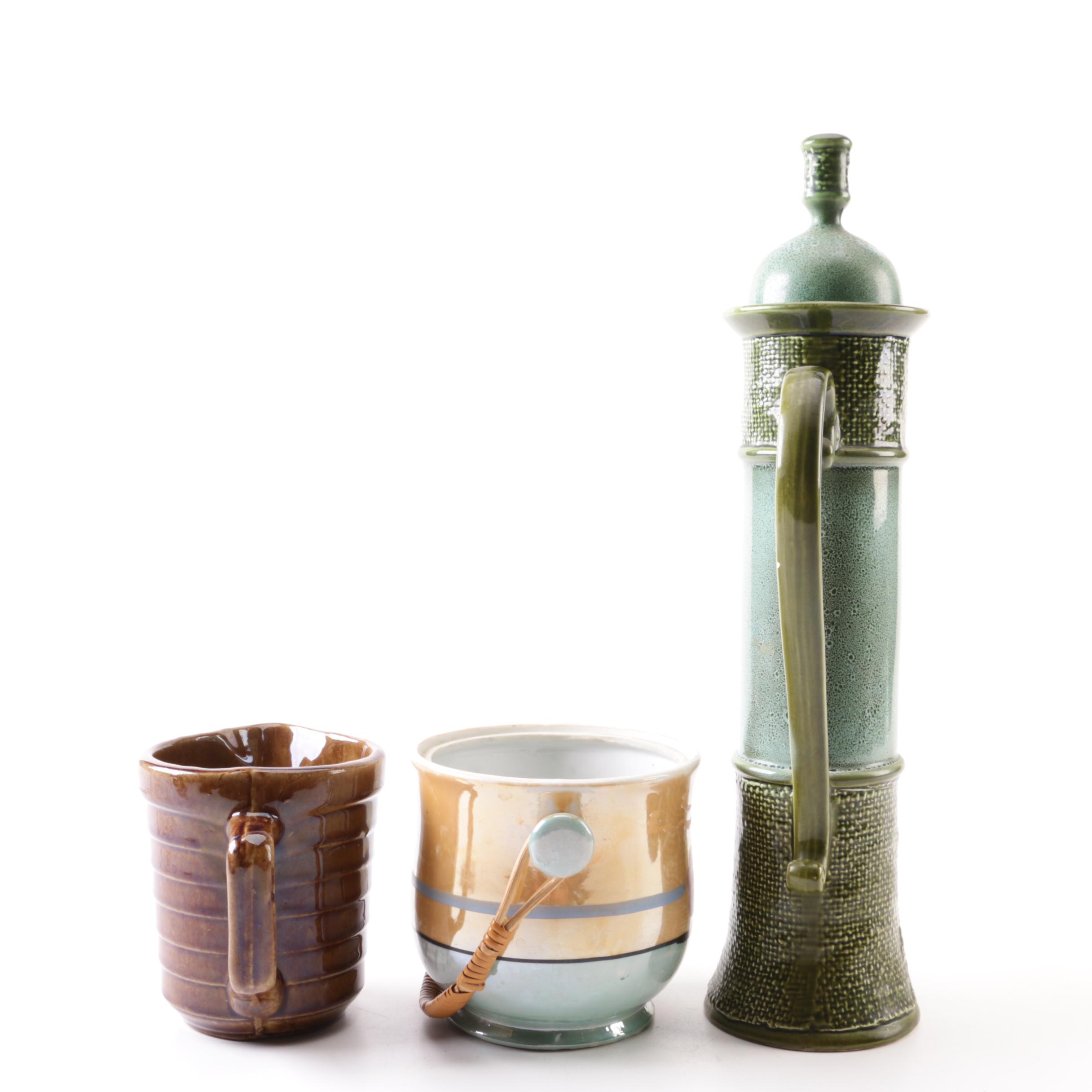 Ardco Mid Century Coffee Pot with Gold Castle Biscuit Barrel and Ceramic Creamer