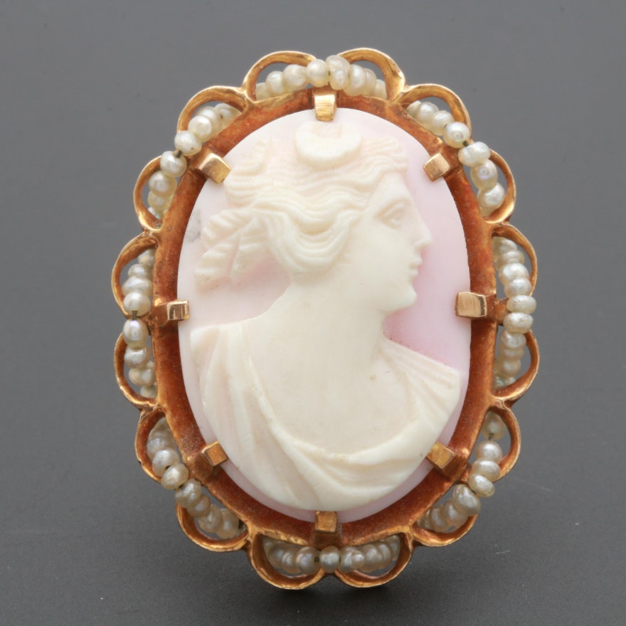 Victorian 10K Yellow Gold Shell and Pearl Cameo Converter Brooch