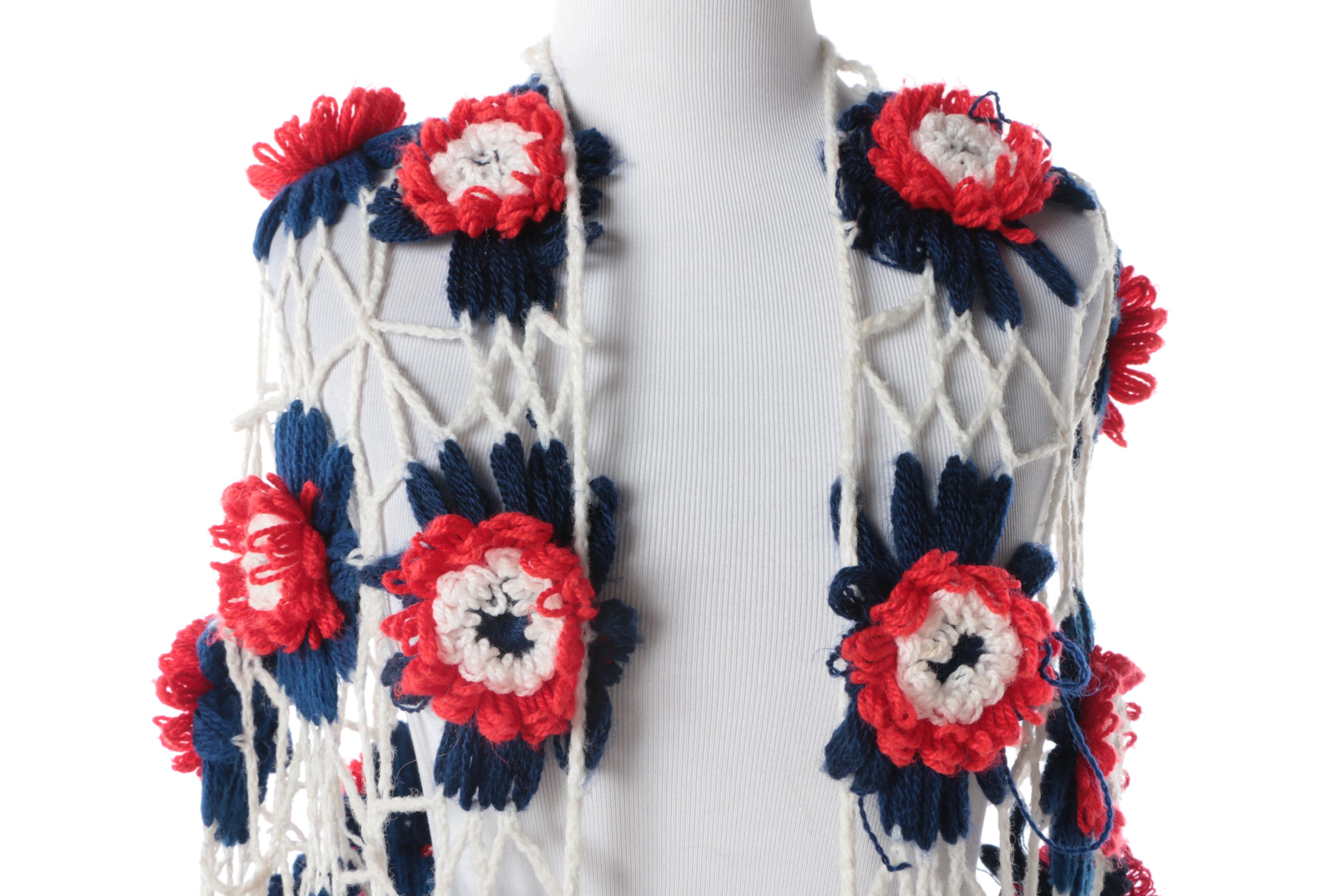 Women's Vintage Blue, Red and White Hand-Crocheted Shawl