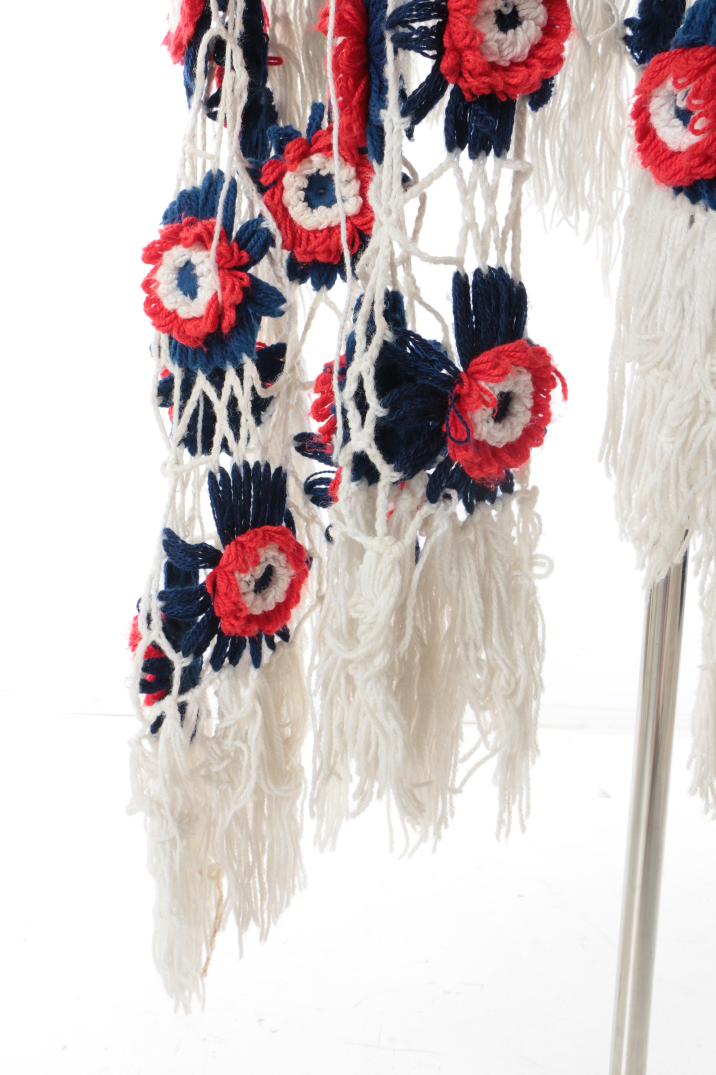 Women's Vintage Blue, Red and White Hand-Crocheted Shawl