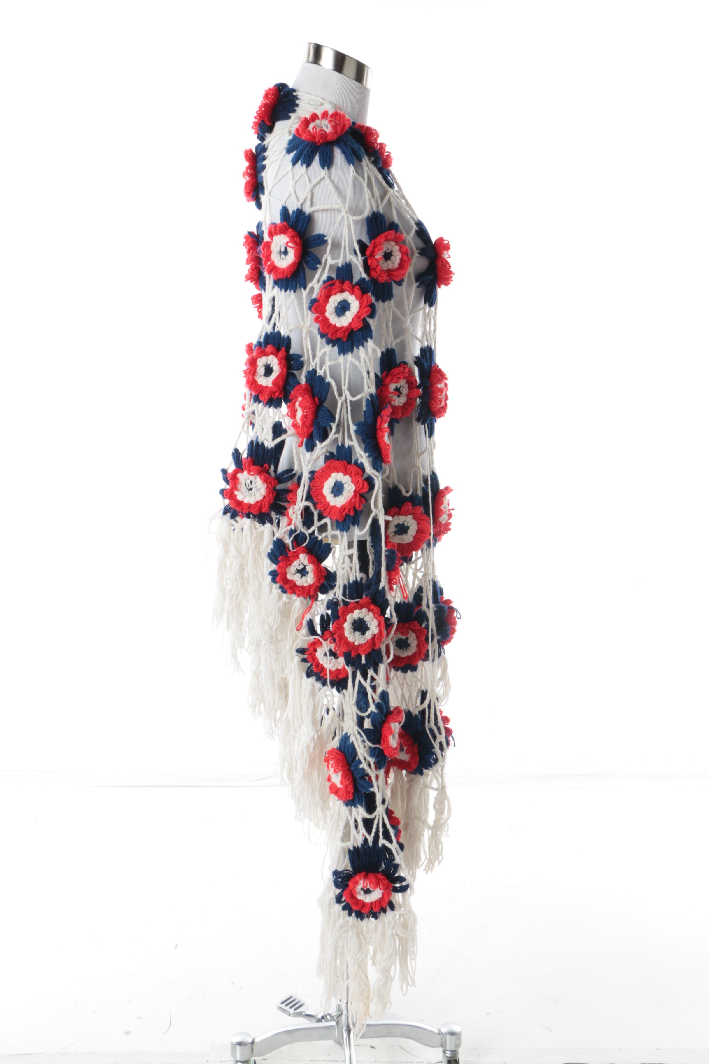 Women's Vintage Blue, Red and White Hand-Crocheted Shawl