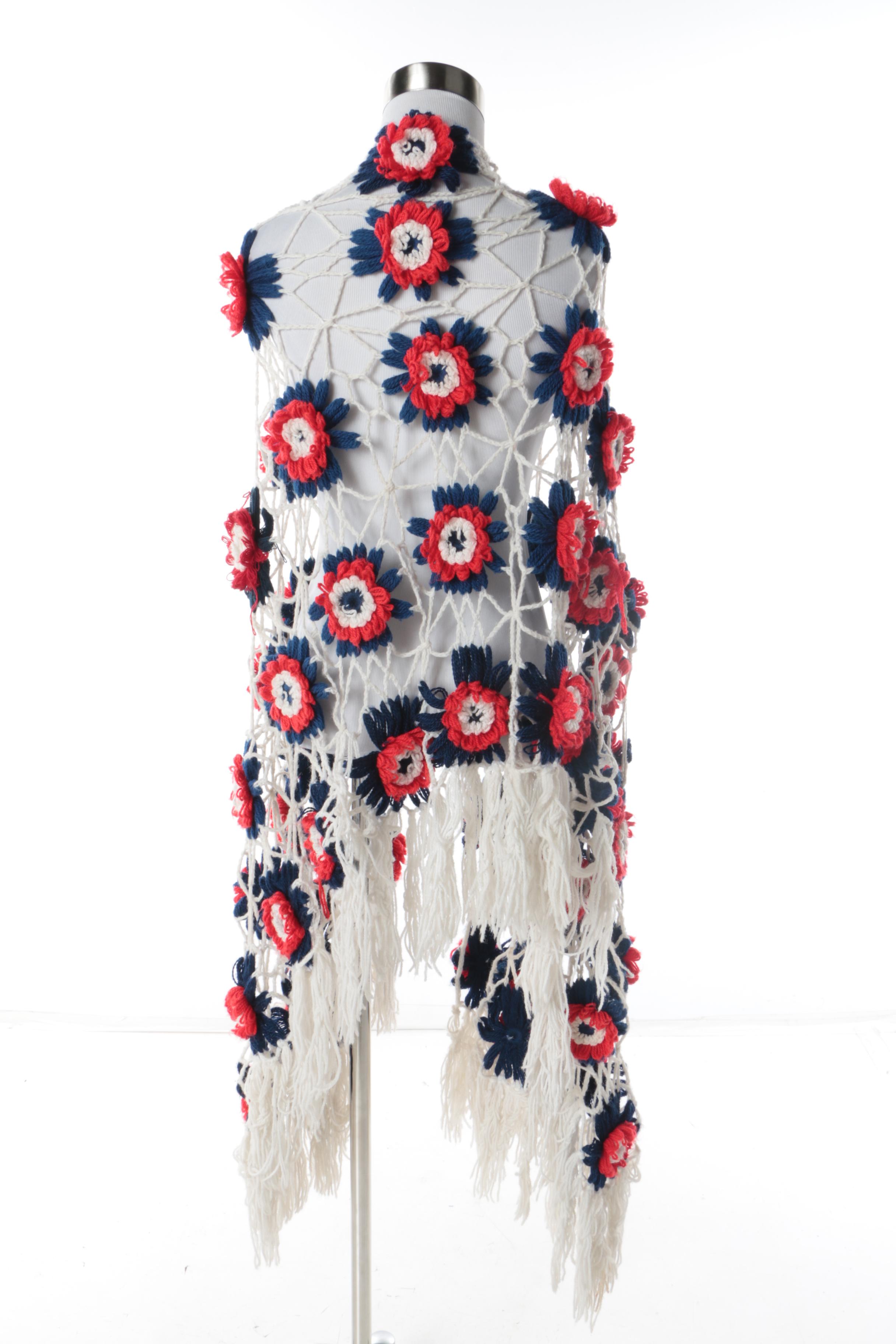 Women's Vintage Blue, Red and White Hand-Crocheted Shawl