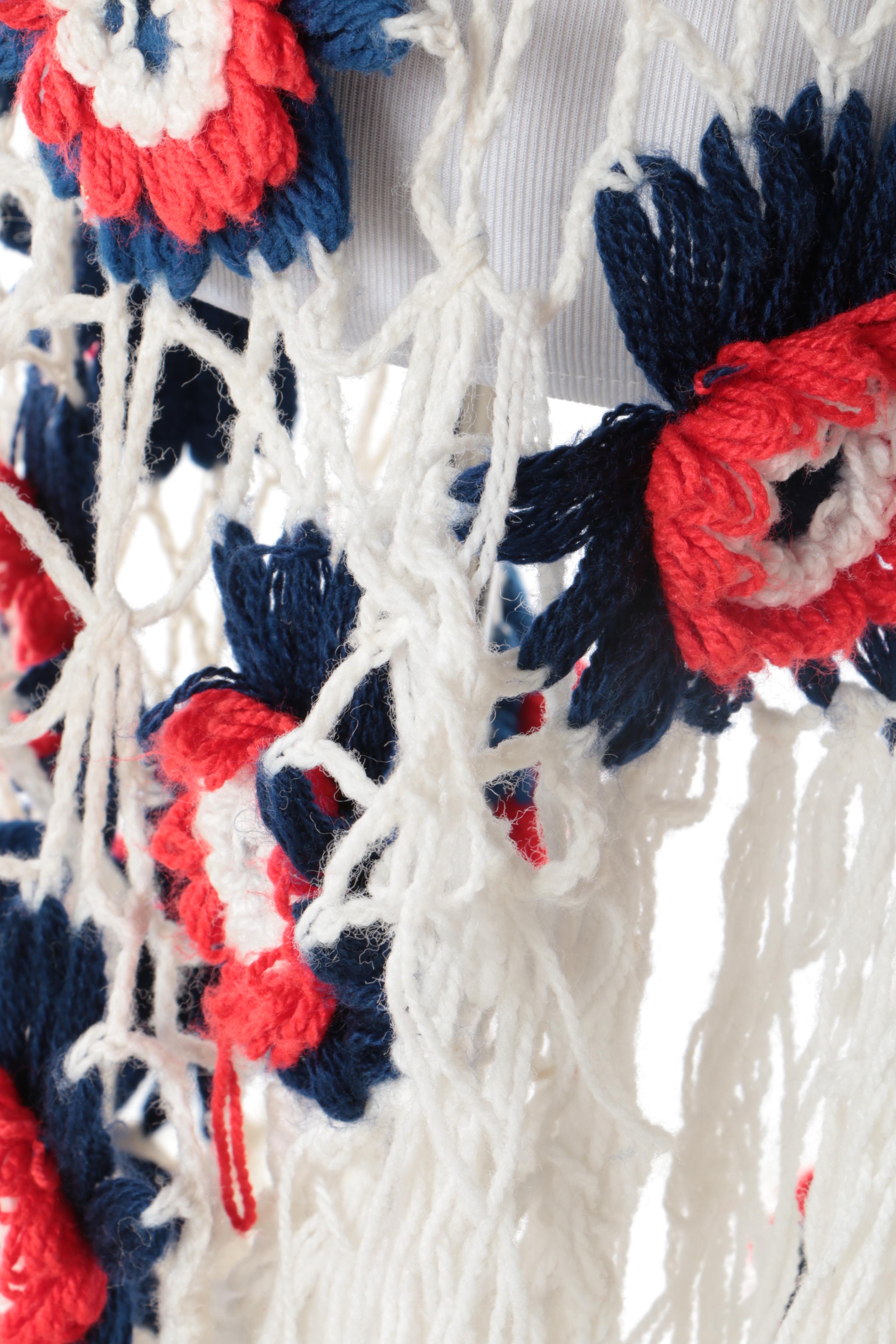 Women's Vintage Blue, Red and White Hand-Crocheted Shawl