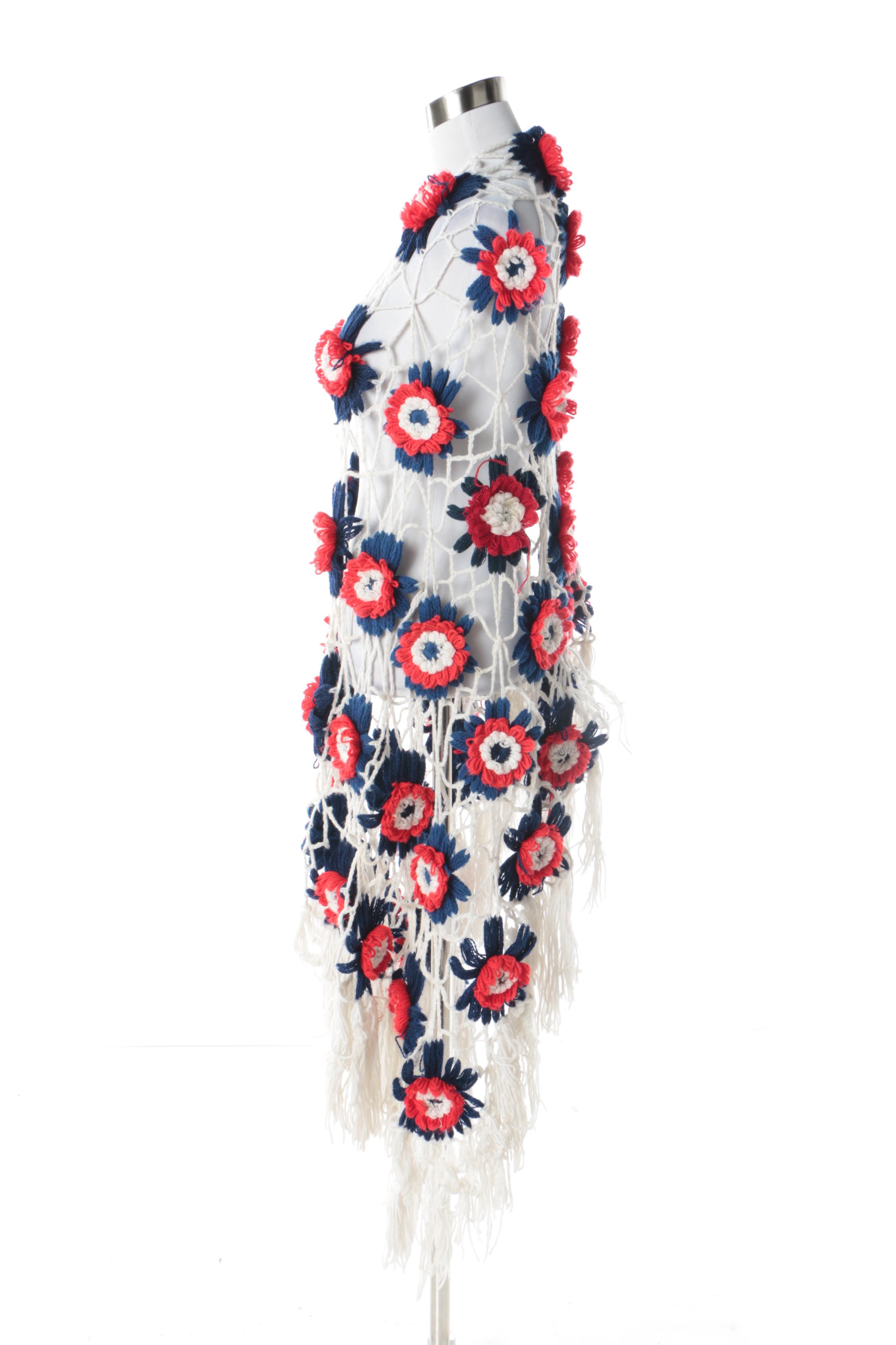 Women's Vintage Blue, Red and White Hand-Crocheted Shawl