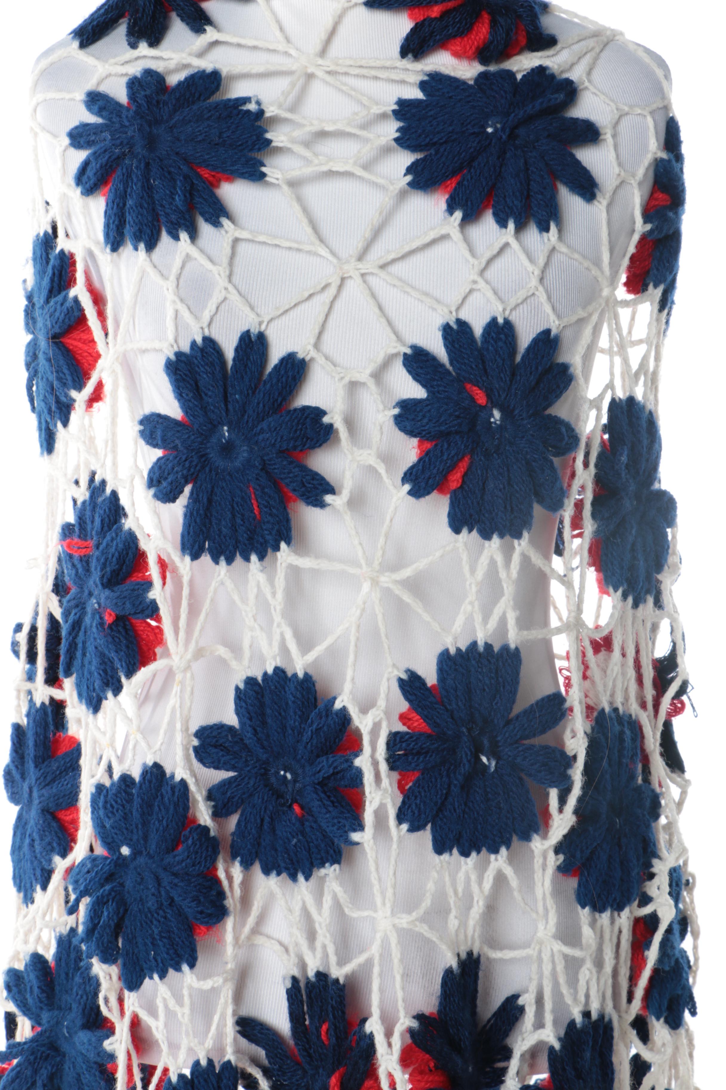 Women's Vintage Blue, Red and White Hand-Crocheted Shawl