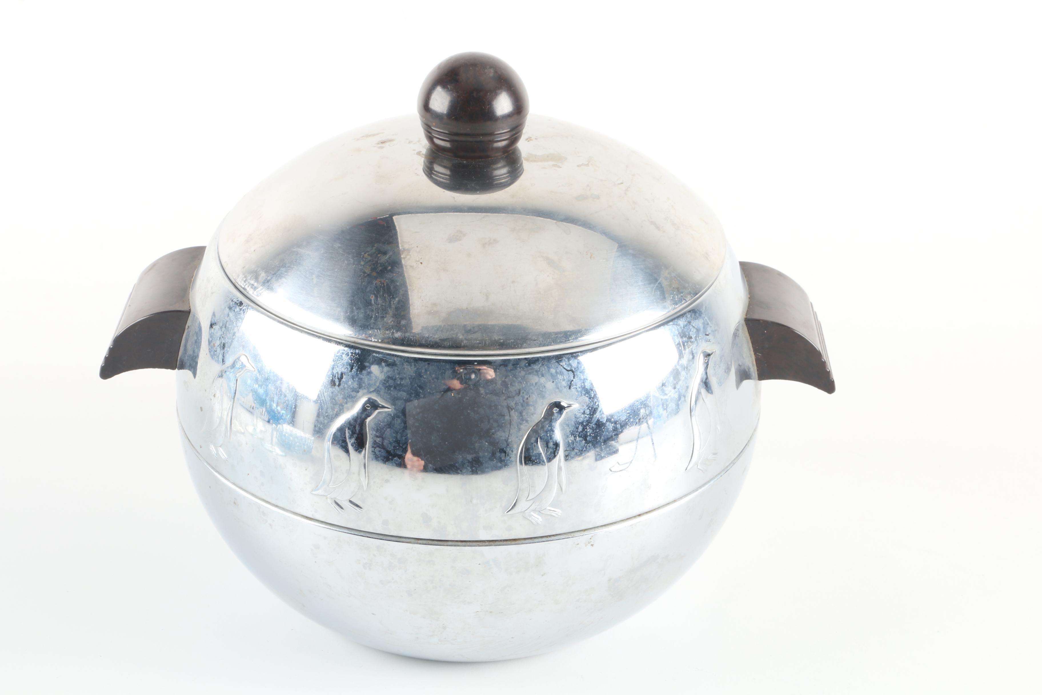 Penguin Hot and Cold Server Including Vintage Blue Plates and Goblets