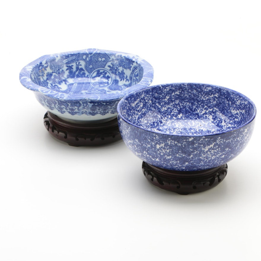 Vintage Blue Spongeware Bowl and Chinese Inspired Bowl with Carved Wooden Stands