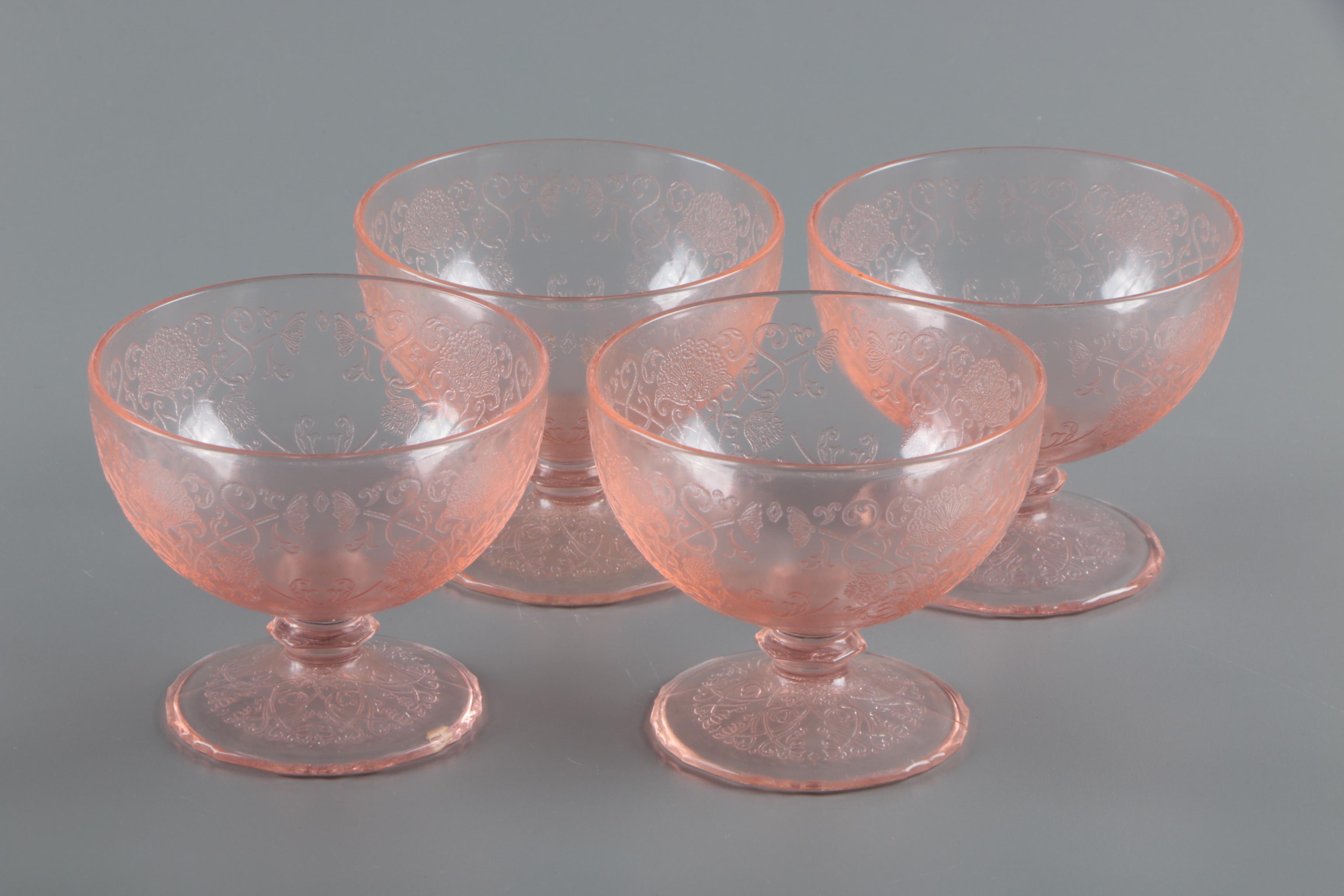 Fenton Style Pitcher and Pink Depression Glass Hazel-Atlas "Florentine" Sherbets