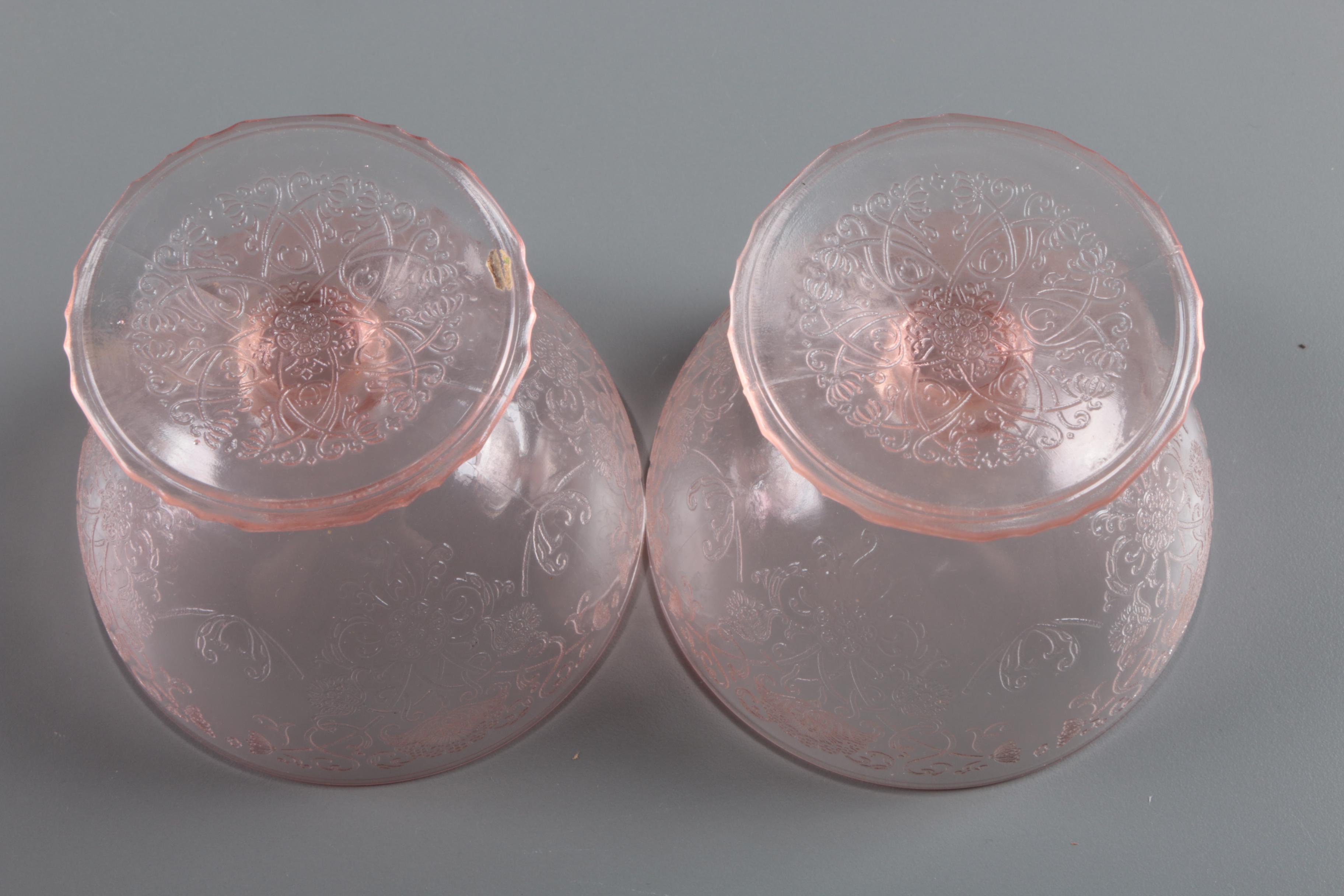 Fenton Style Pitcher and Pink Depression Glass Hazel-Atlas "Florentine" Sherbets