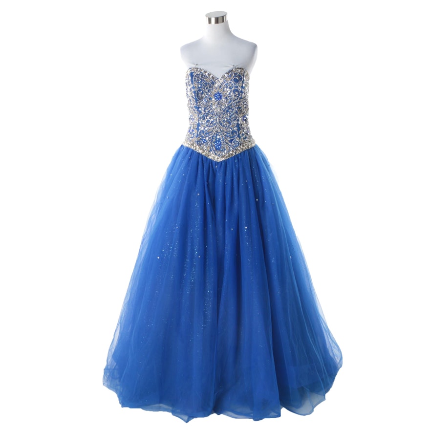 Mary's Brand Blue Beaded Strapless Ballgown