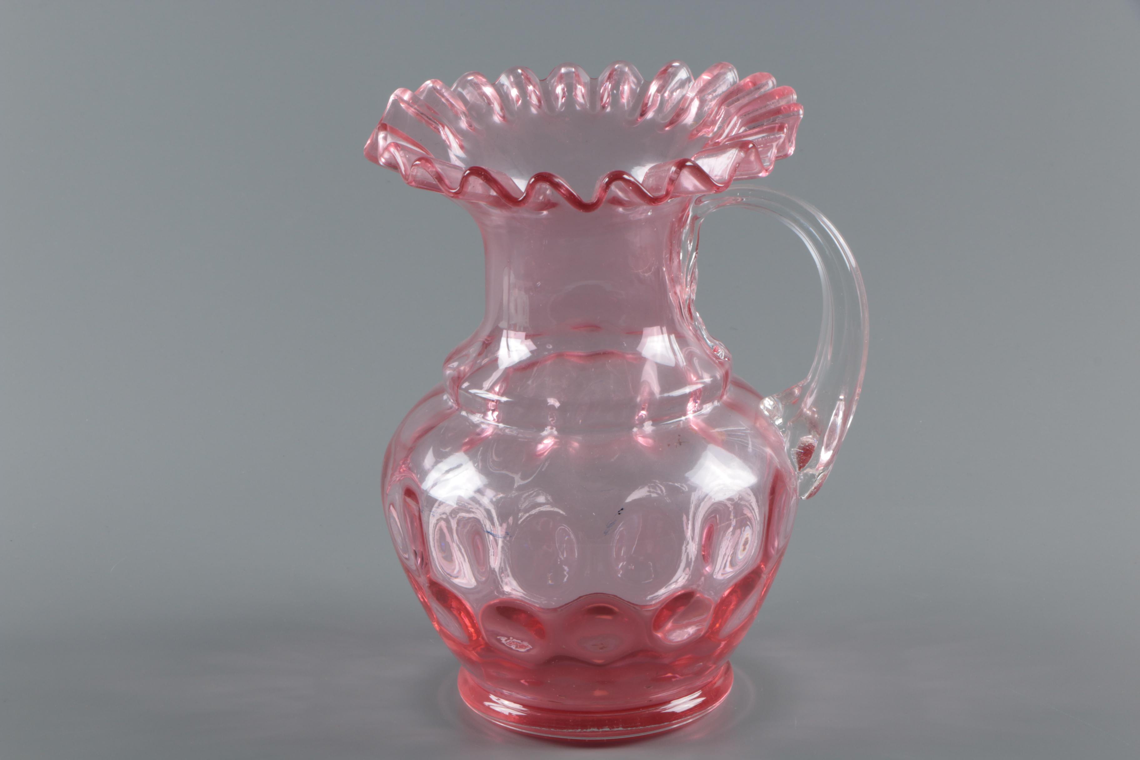Fenton Style Pitcher and Pink Depression Glass Hazel-Atlas "Florentine" Sherbets