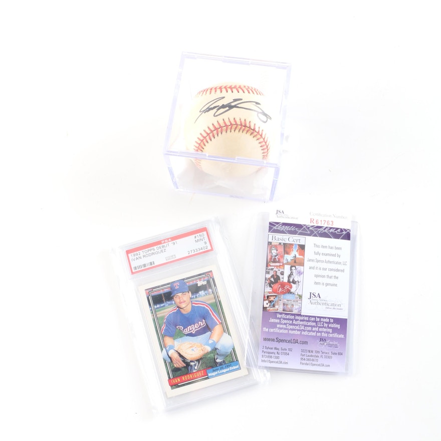 Ivan Rodriguez Autographed Baseball With JSA COA and PSA Graded Card