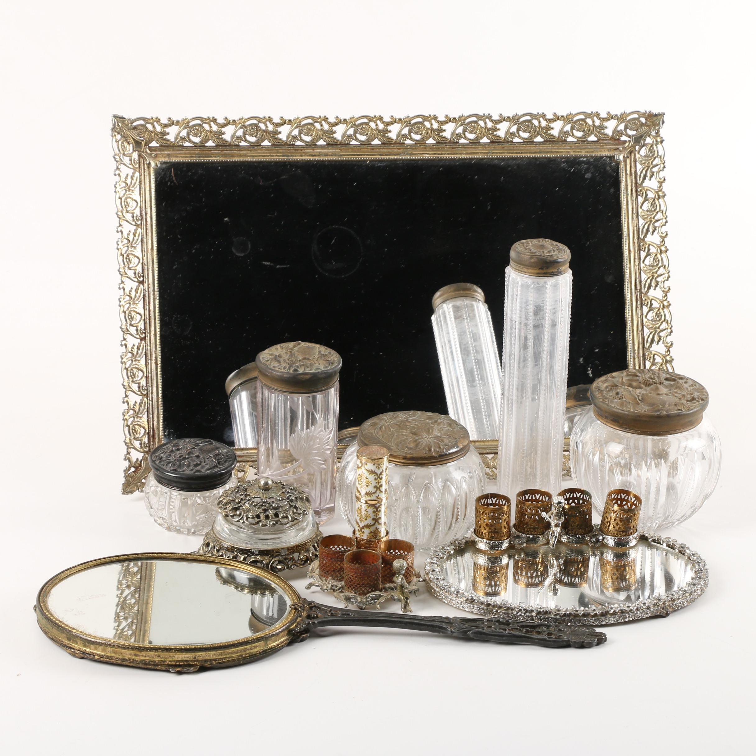 Vintage Vanity Decor Featuring Sam Fink Lipstick Holders and Sterling Jar Caps