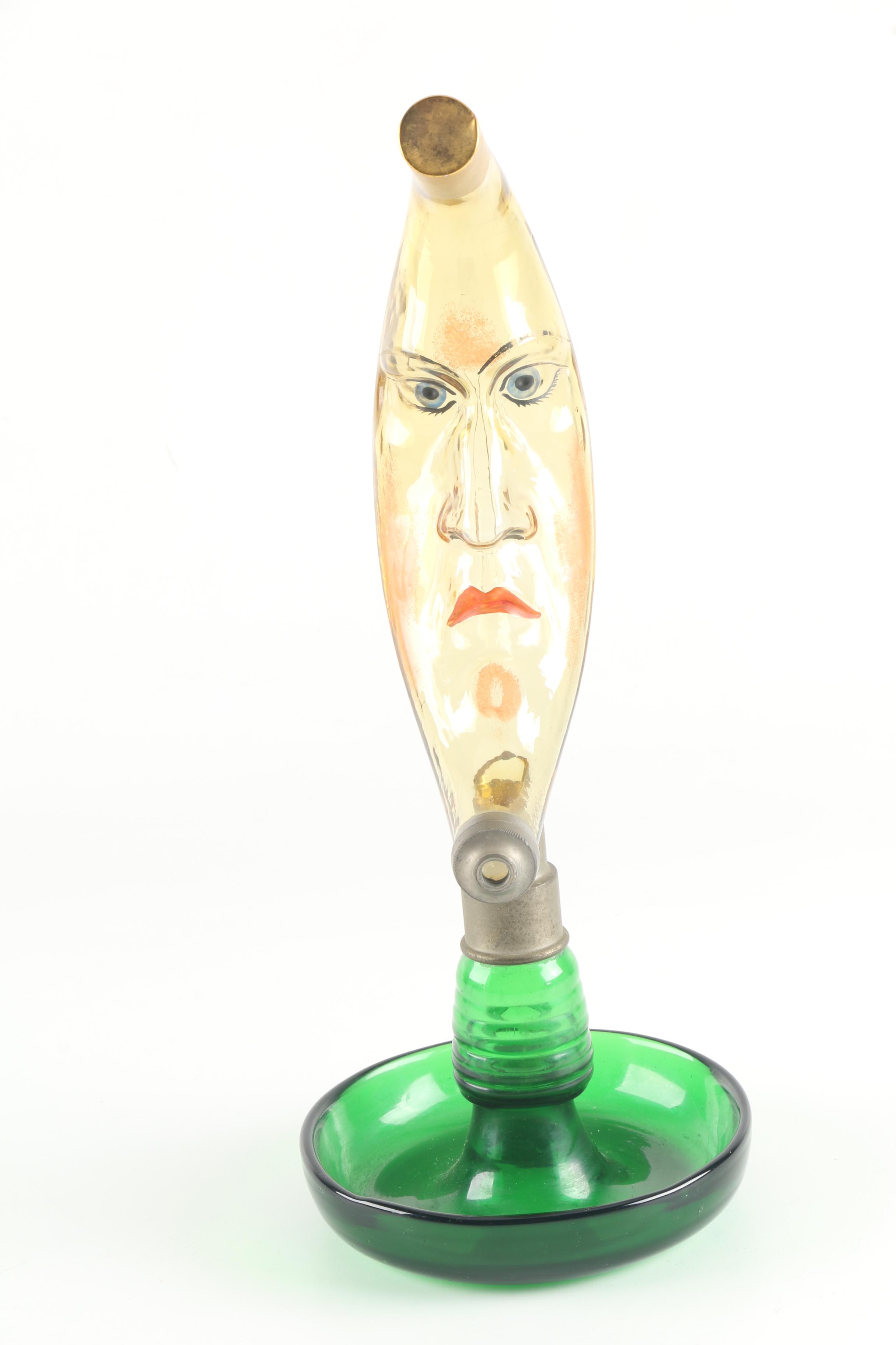 Antique Blown Glass "Man in the Moon" Liquor Dispenser with Tray ca. 1900