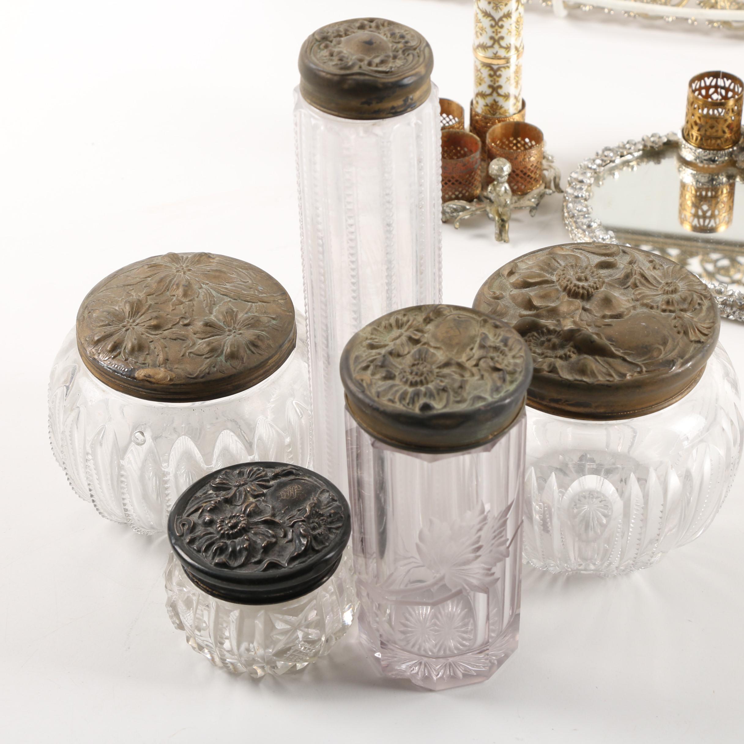Vintage Vanity Decor Featuring Sam Fink Lipstick Holders and Sterling Jar Caps