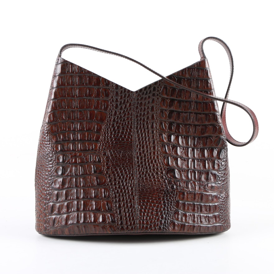 Brahmin Brown Crocodile Embossed Leather Shoulder Bag